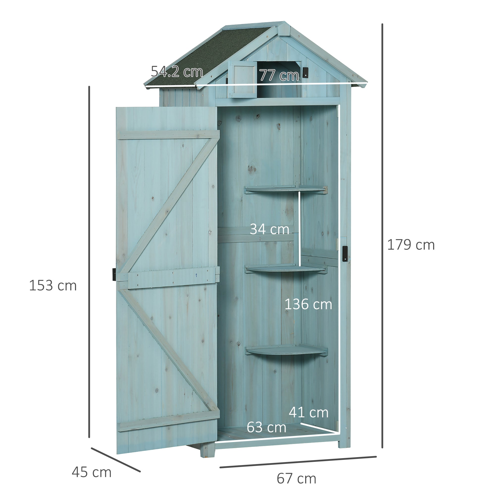 Outsunny Garden Shed Vertical Utility 3 Shelves Shed Wood Outdoor Garden Tool Storage Unit Storage Cabinet, 77 x 54.2 x 179cm - Blue - North Peak Garden Furniture