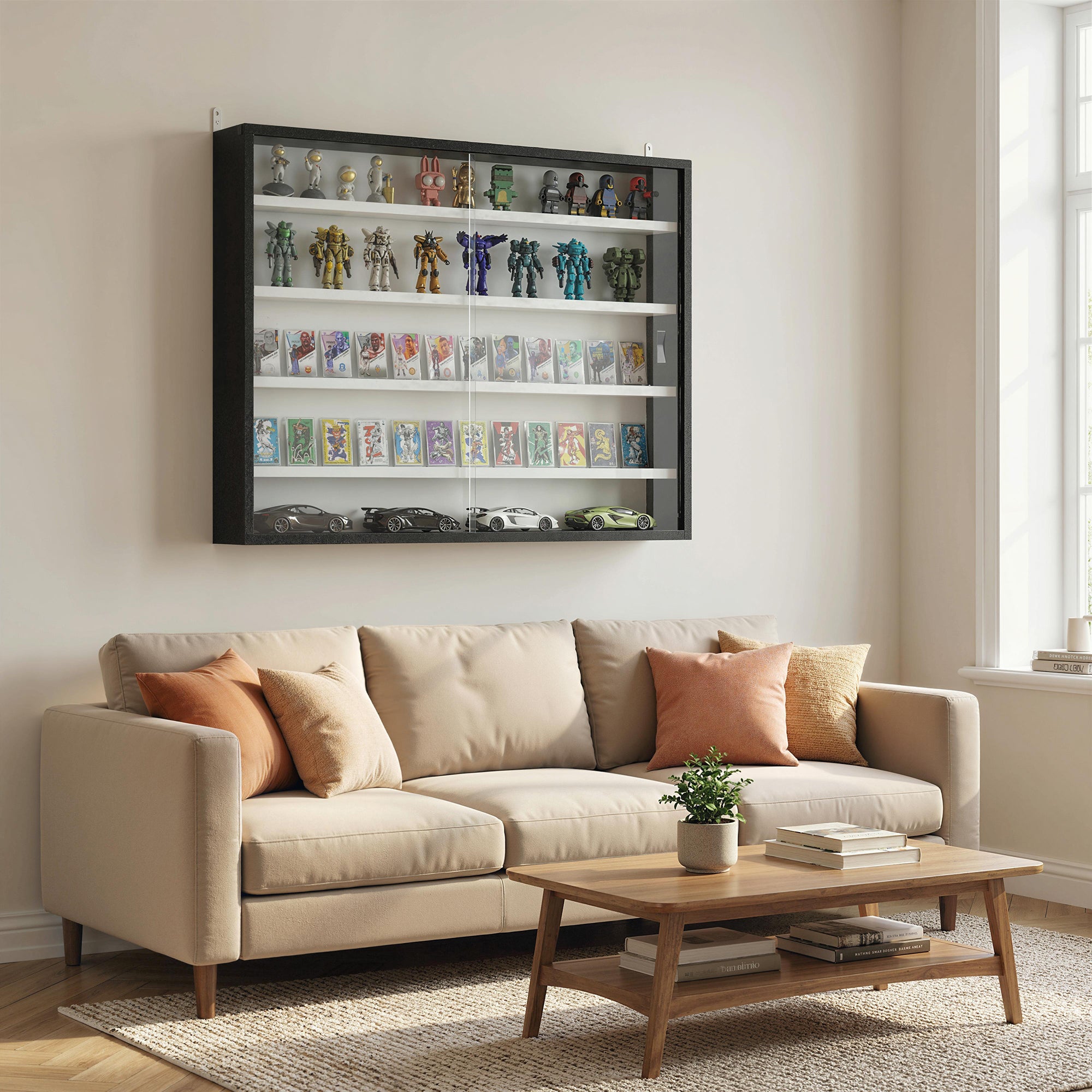 HOMCOM 5-Tier Wall Display Cabinet,  Wall Mounted Display Case w/ 4 Adjustable Shelves, Glass Doors, 60x80cm, Black and White