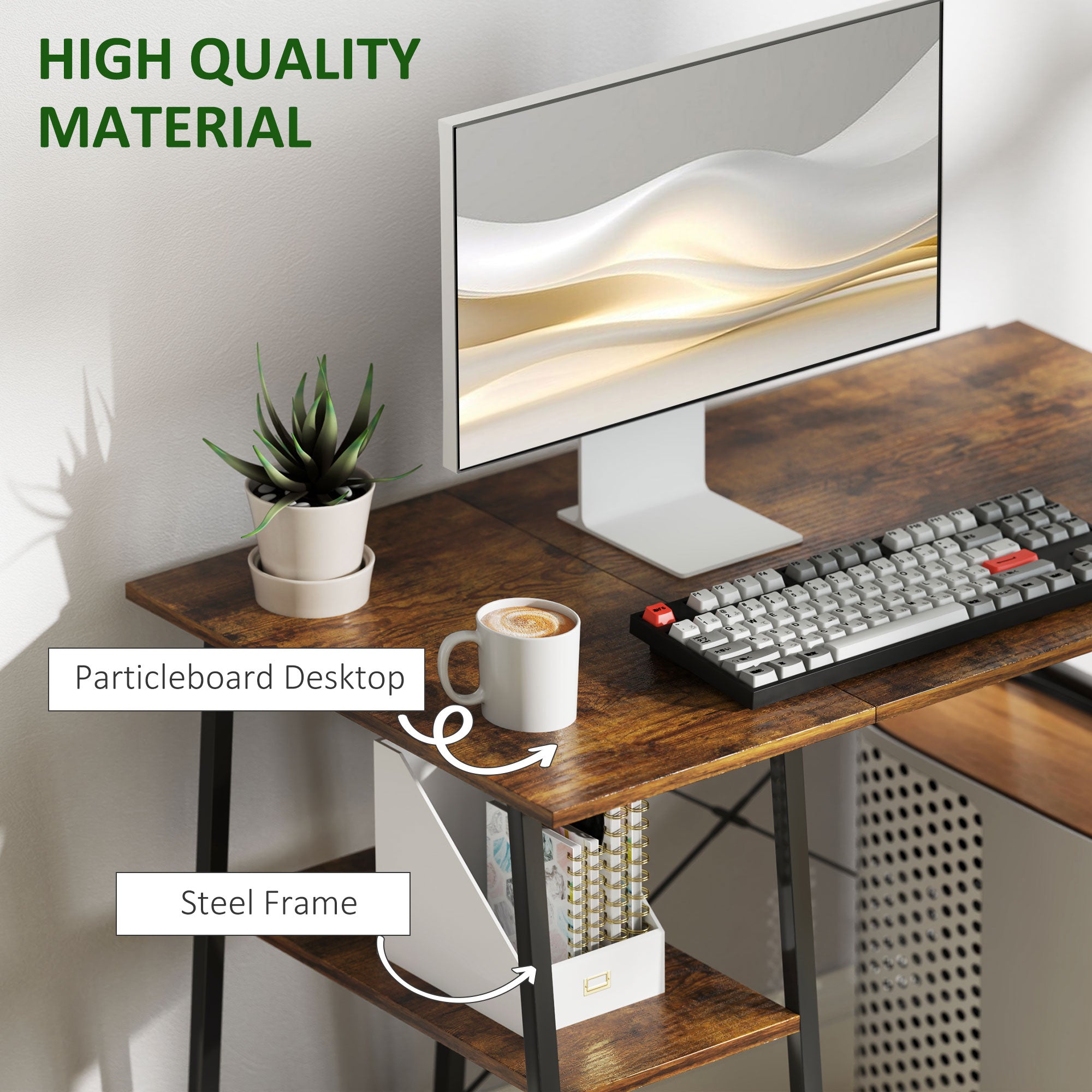 HOMCOM Industrial-Style Work Desk, with Shelves - Brown/Black - North Peak Garden Furniture