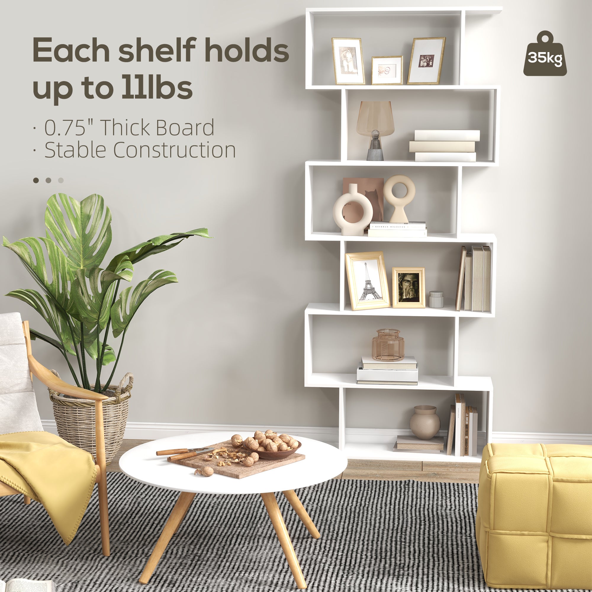HOMCOM Wooden Wood S Shape Storage Display 6 Shelves Room Divider Unit Chest Bookshelf Bookcase Cupboard Cabinet Home Office Furniture (White) - North Peak Garden Furniture