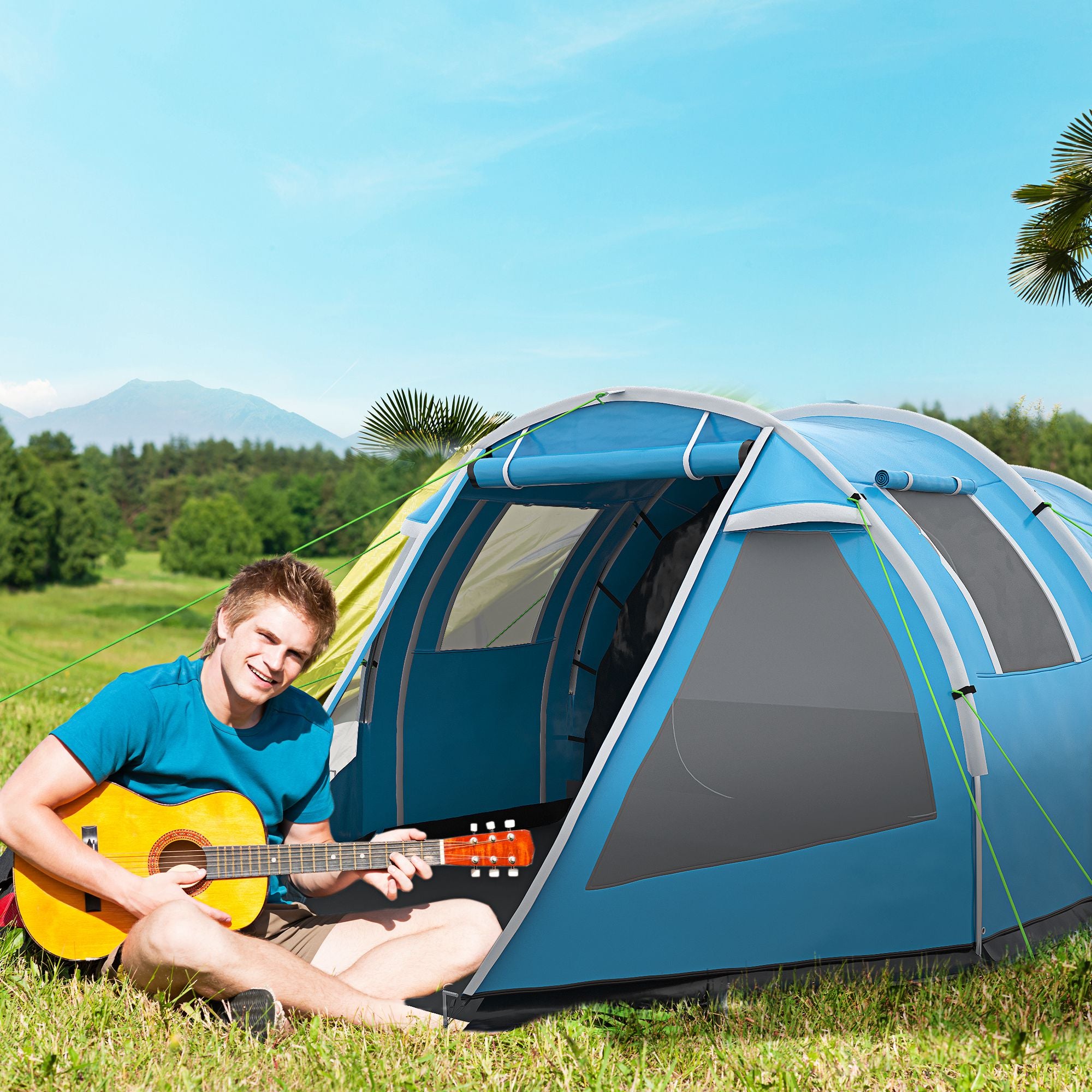 Outsunny 3-4 Man Tunnel Tent, Two Room Camping Tent with Windows and Covers, Portable Carry Bag, for Fishing, Hiking, Sports, Festival - Blue - North Peak Garden Furniture