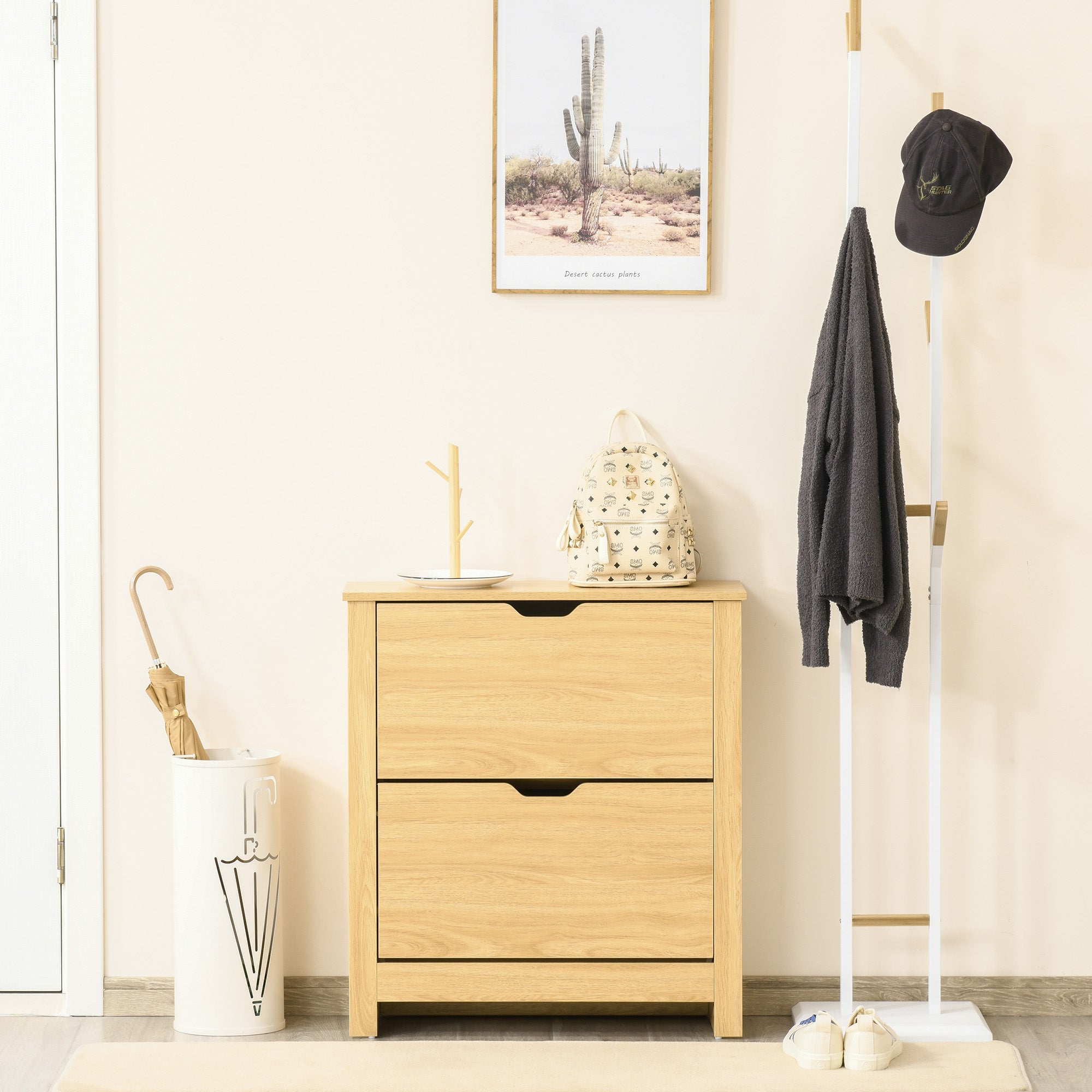 HOMCOM Narrow Shoe Cabinet, Space Saving Shoe Storage Cabinet with 2 Flip Drawers and Adjustable Shelves for 12 Pairs of Shoes for Hallways and Living Room, Natural Wood Finish - North Peak Garden Furniture