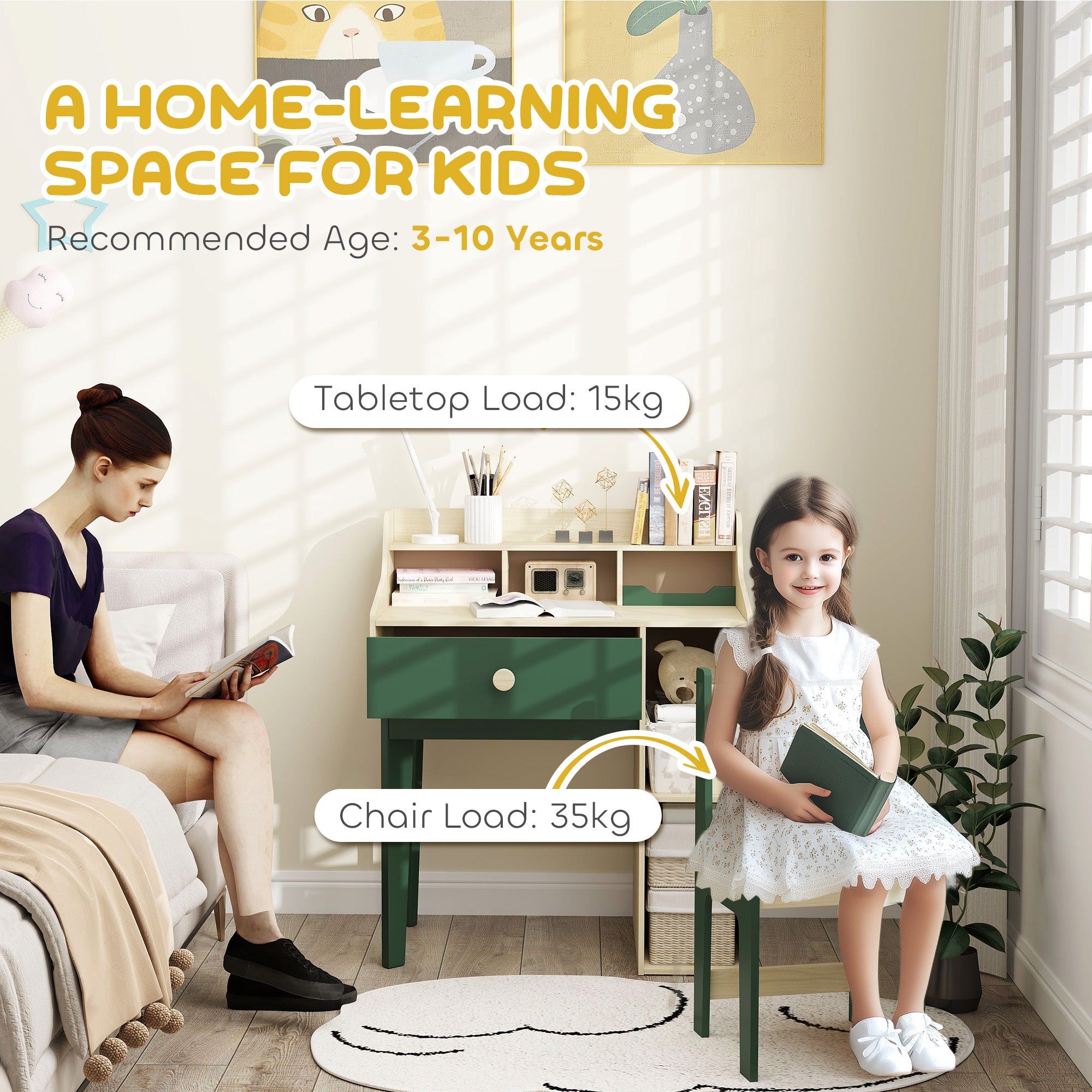 AIYAPLAY Kids Desk and Chair Set with Storage Shelves and Drawer, Green - North Peak Garden Furniture