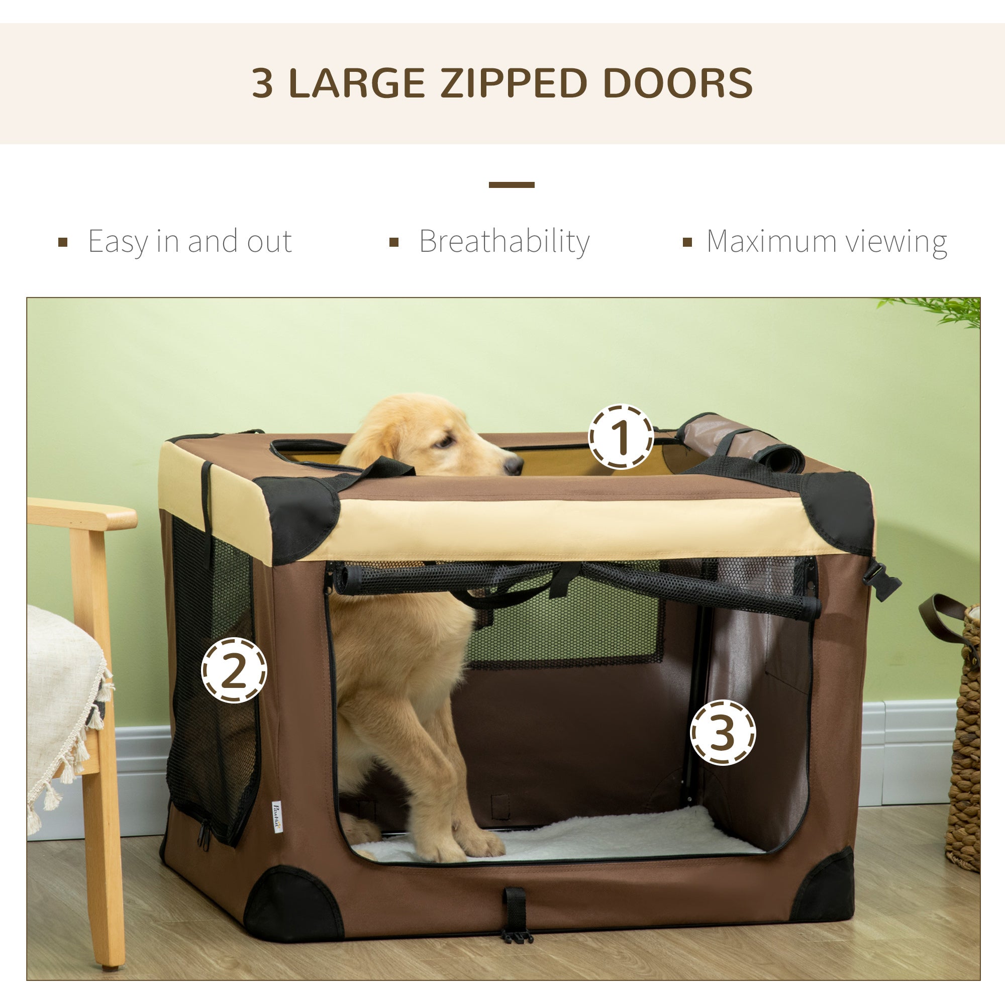 PawHut 81cm Foldable Pet Carrier, with Cushion, for Medium Dogs and Cats - Brown - North Peak Garden Furniture