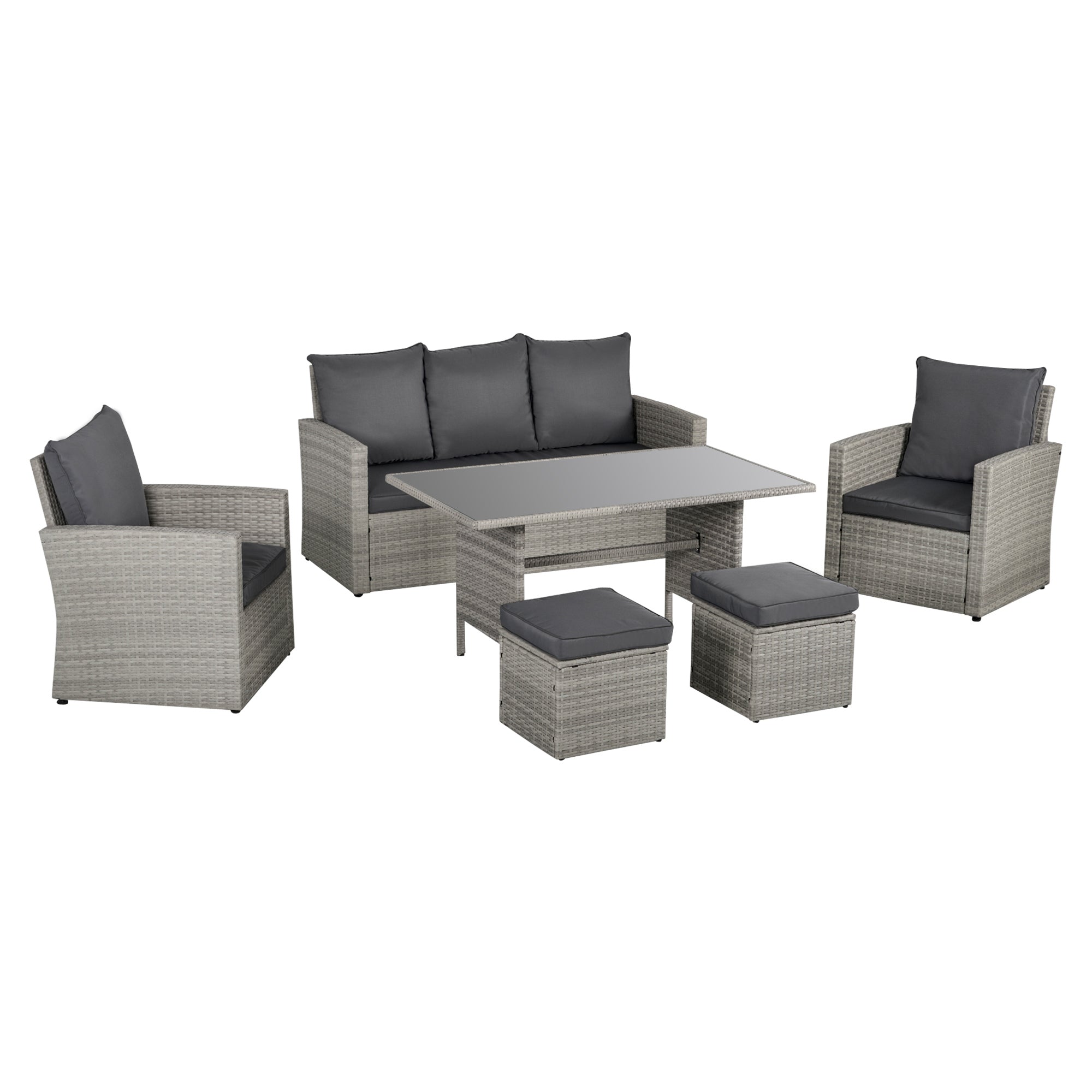 Outsunny Six-Piece Rattan Sofa Set, with Glass-Top Table - Mixed Grey - North Peak Garden Furniture