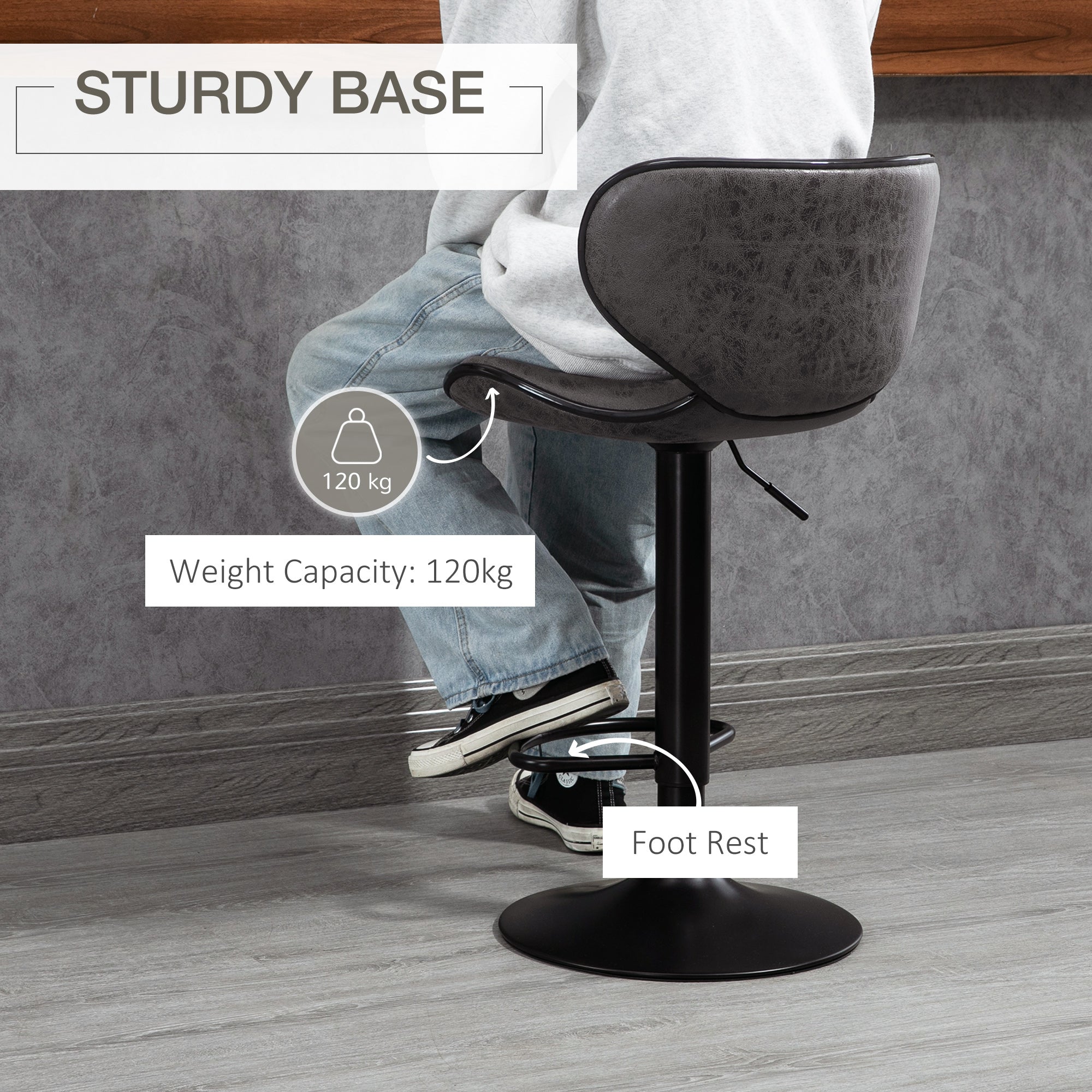 HOMCOM Adjustable Bar Stools Set of 2, Swivel Leathaire Upholstered Barstools with Large Seat, Breakfast Bar Chairs with Back, Footrest and Steel Base, Dark Grey - North Peak Garden Furniture