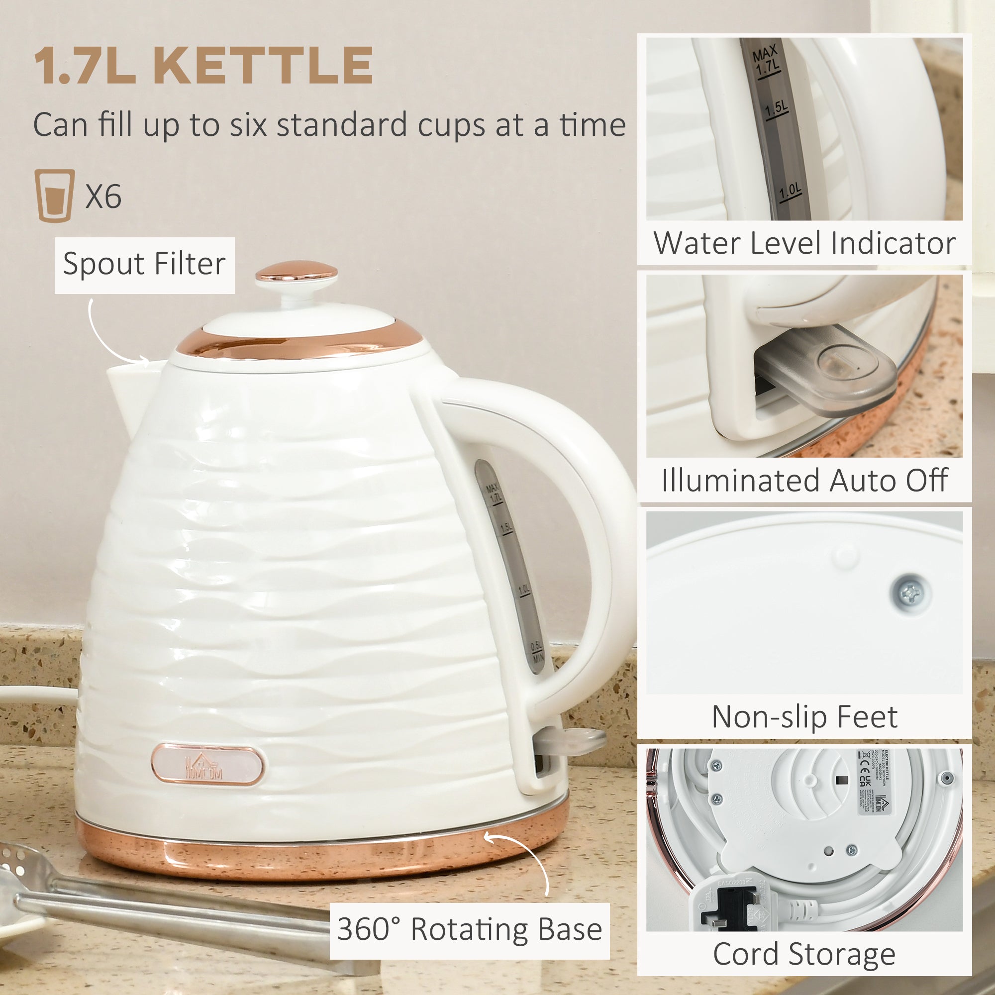 HOMCOM Kettle and Toaster Sets, 3000W 1.7L Rapid Boil Kettle & 4 Slice Toaster with 7 Browning Controls, Defrost, Reheat and Crumb Tray, Otter thermostat, Cream White - North Peak Garden Furniture