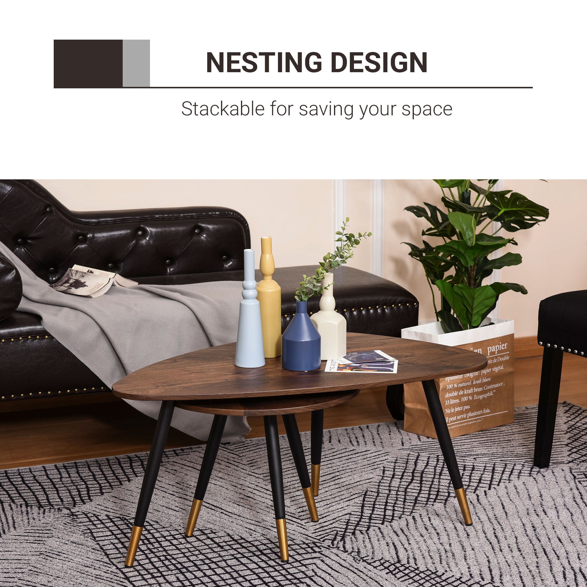 HOMCOM Set of Two Scandinavian-Style Coffee Tables - Walnut - North Peak Garden Furniture