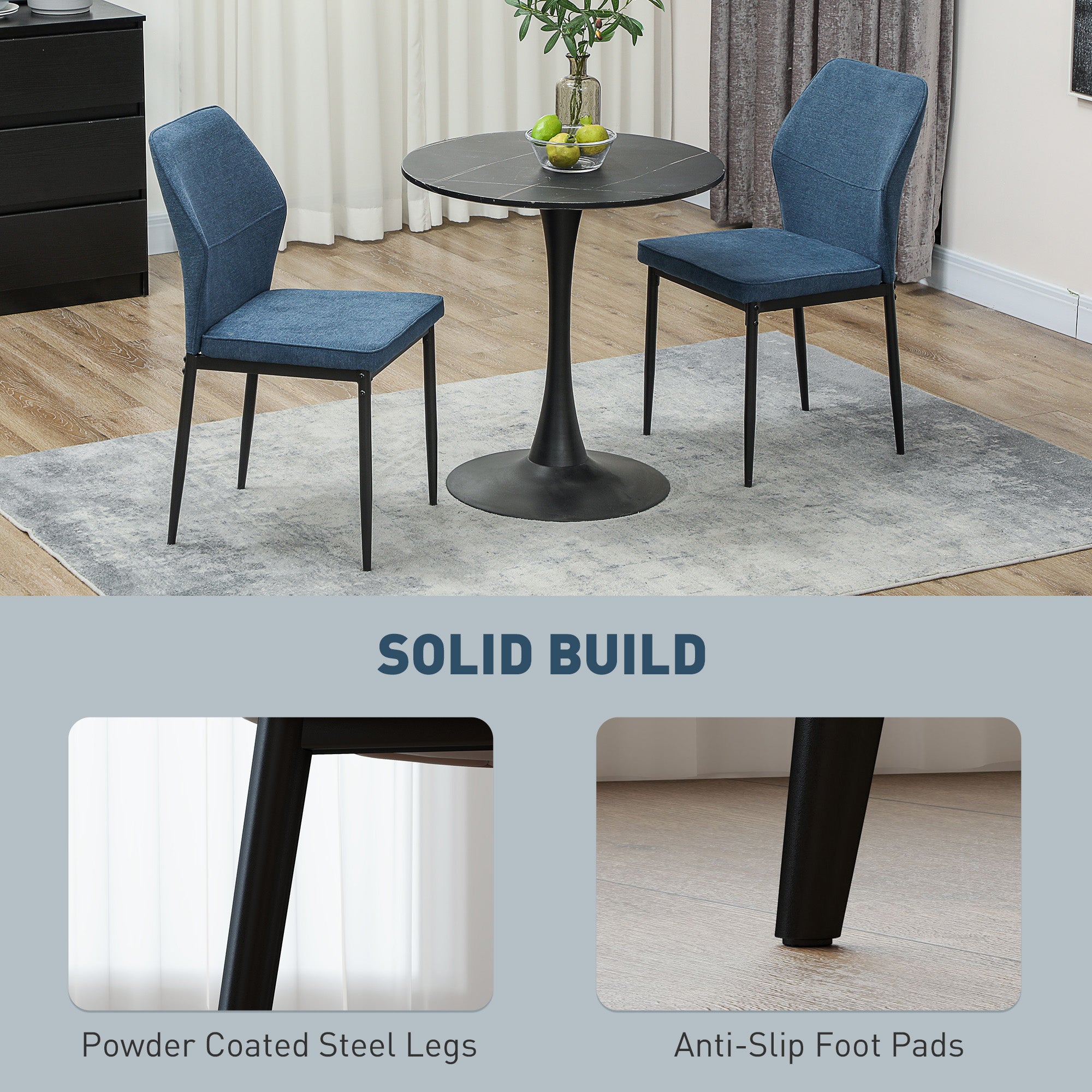 HOMCOM Velvet Dining Chairs Set of 2, Modern Upholstered Kitchen Chairs with Metal Legs, Curved Back and Padded Seat, Armless Side Chairs for Dining Room, Bedroom, Living Room, Blue - North Peak Garden Furniture