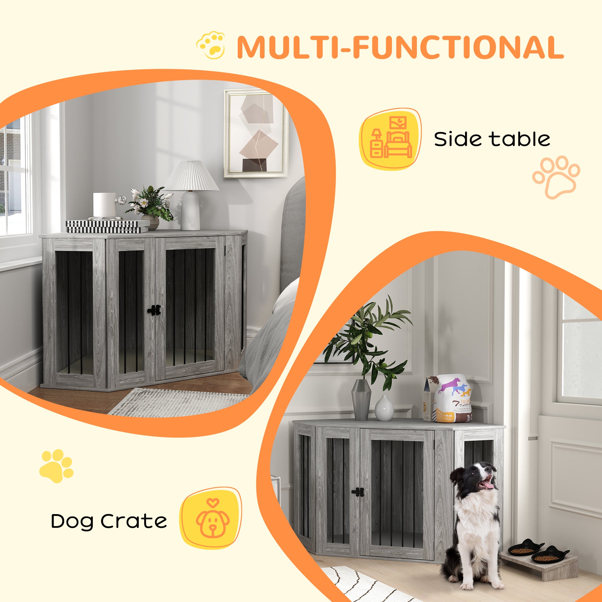 PawHut 2 in 1 Dog Crate Furniture Side Table, with Cushion, 122 x 61 x 71cm - Grey - North Peak Garden Furniture