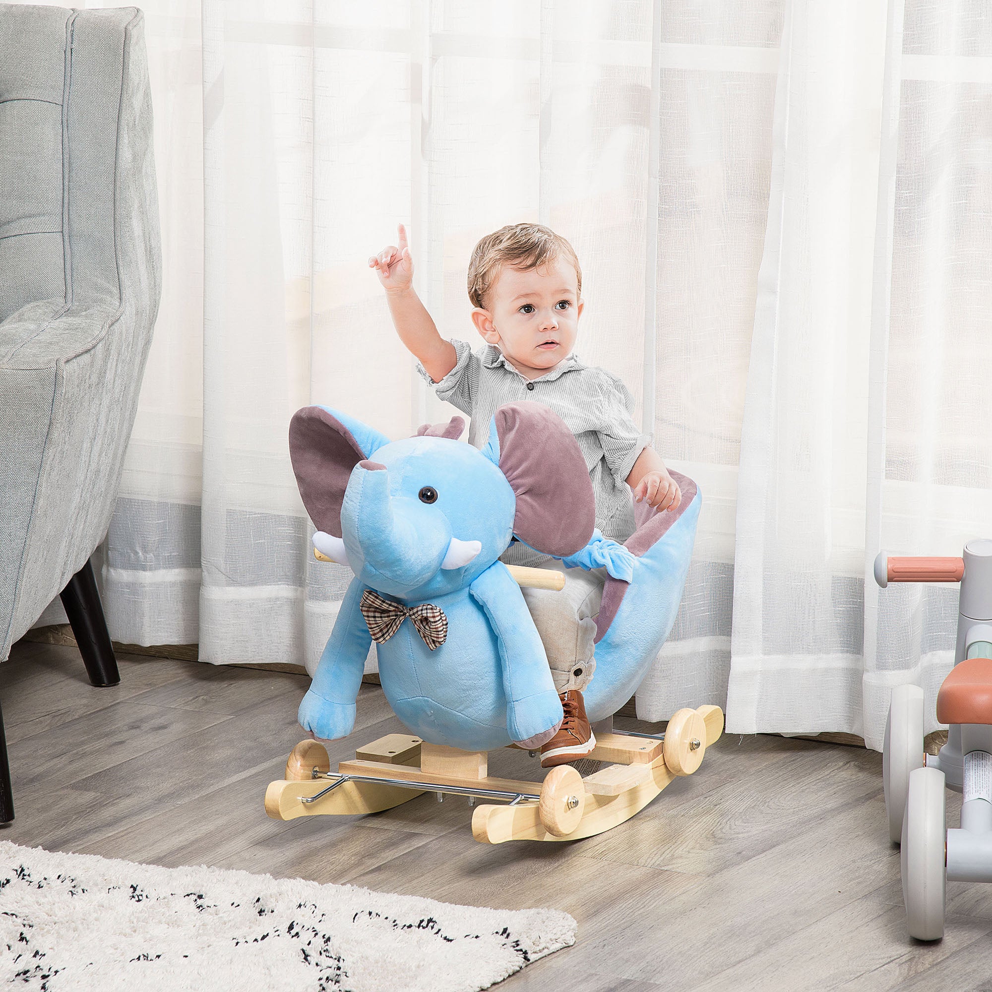 HOMCOM 2 In 1 Plush Baby Ride on Rocking Horse Elephant Rocker with Wheels Wooden Toy for Kids 32 Songs for 18+ Months (Blue) - North Peak Garden Furniture