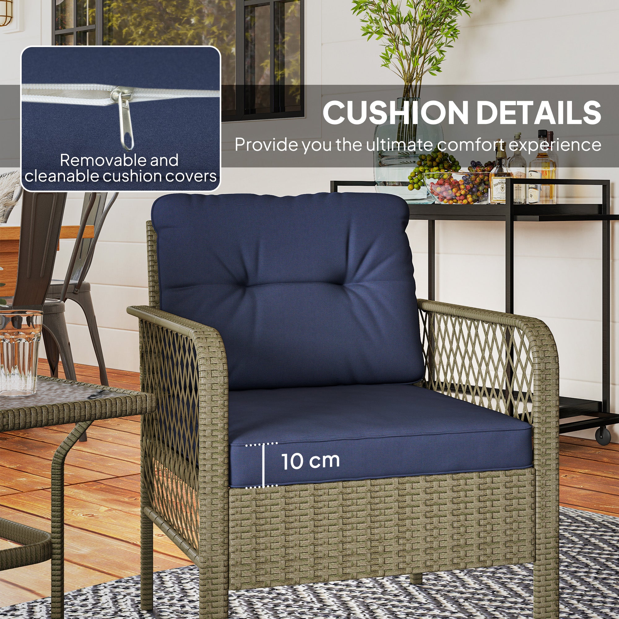 Outsunny 3 Pieces Rattan Bistro Set with Glass Top Coffee Table, Chairs and Cushions for Outdoor, Patio, Balcony, Charcoal Grey - North Peak Garden Furniture