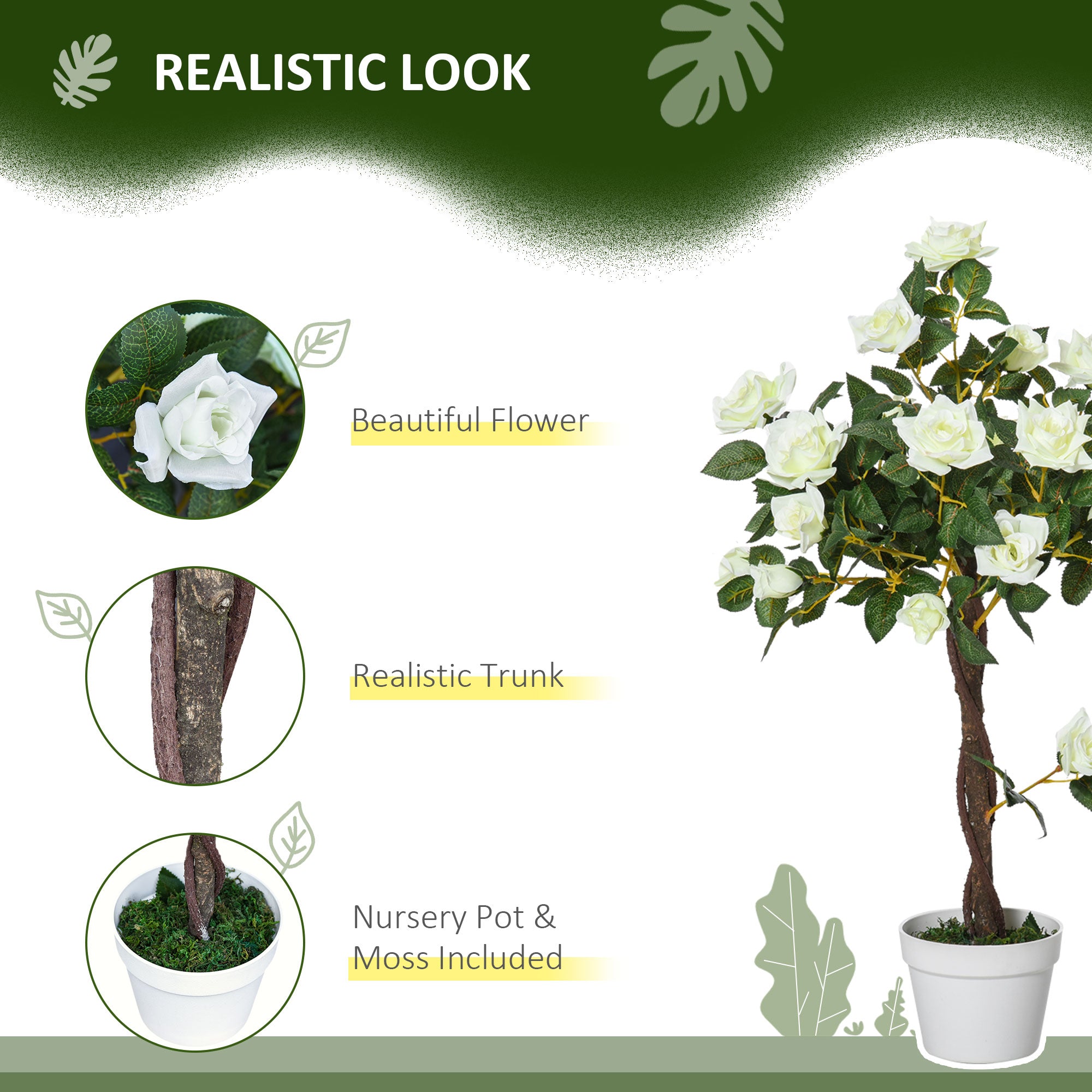 Outsunny Set of 2 Artificial Plants White Rose Floral in Pot, Fake Plants for Home Indoor Outdoor Decor, 90cm - North Peak Garden Furniture