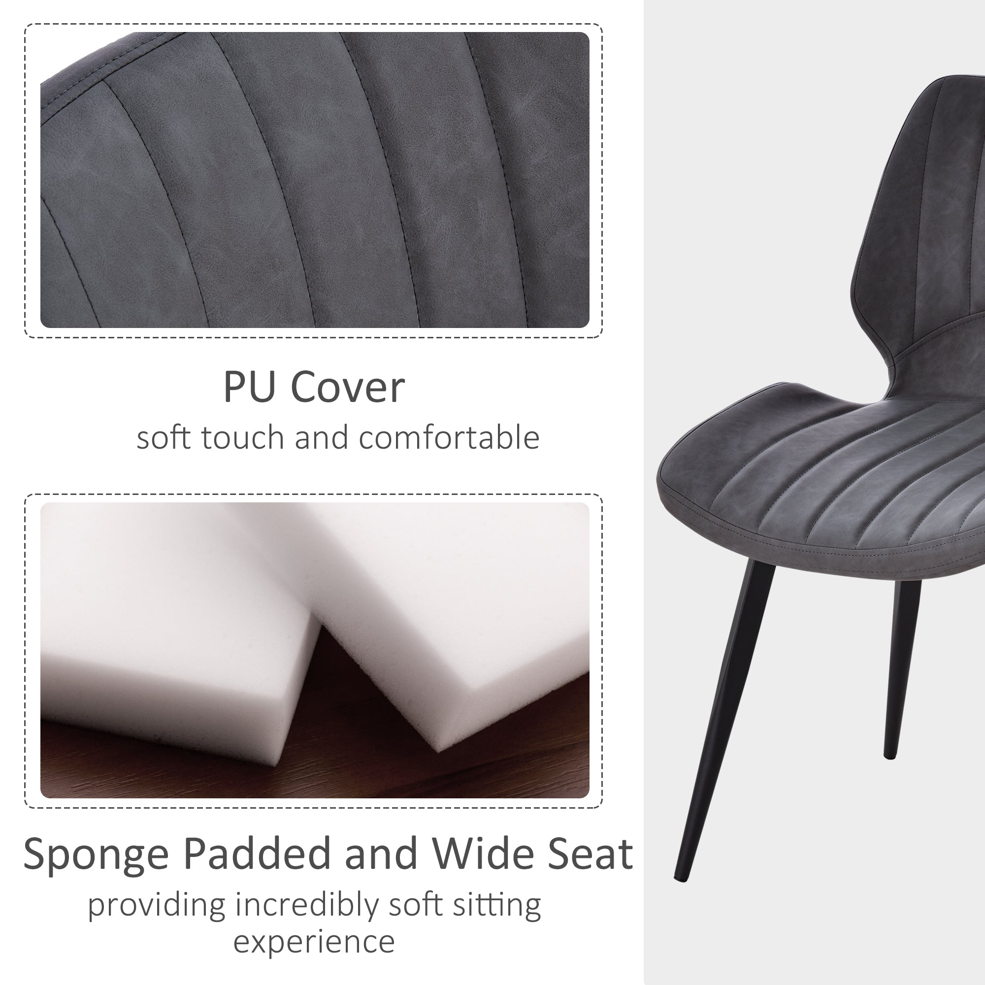 HOMCOM Dining Chairs Set of 2, PU Leather Upholstered Kitchen Chairs with Backs, Moulded Padded Seats and Steel Frame for Dining Room, Grey - North Peak Garden Furniture