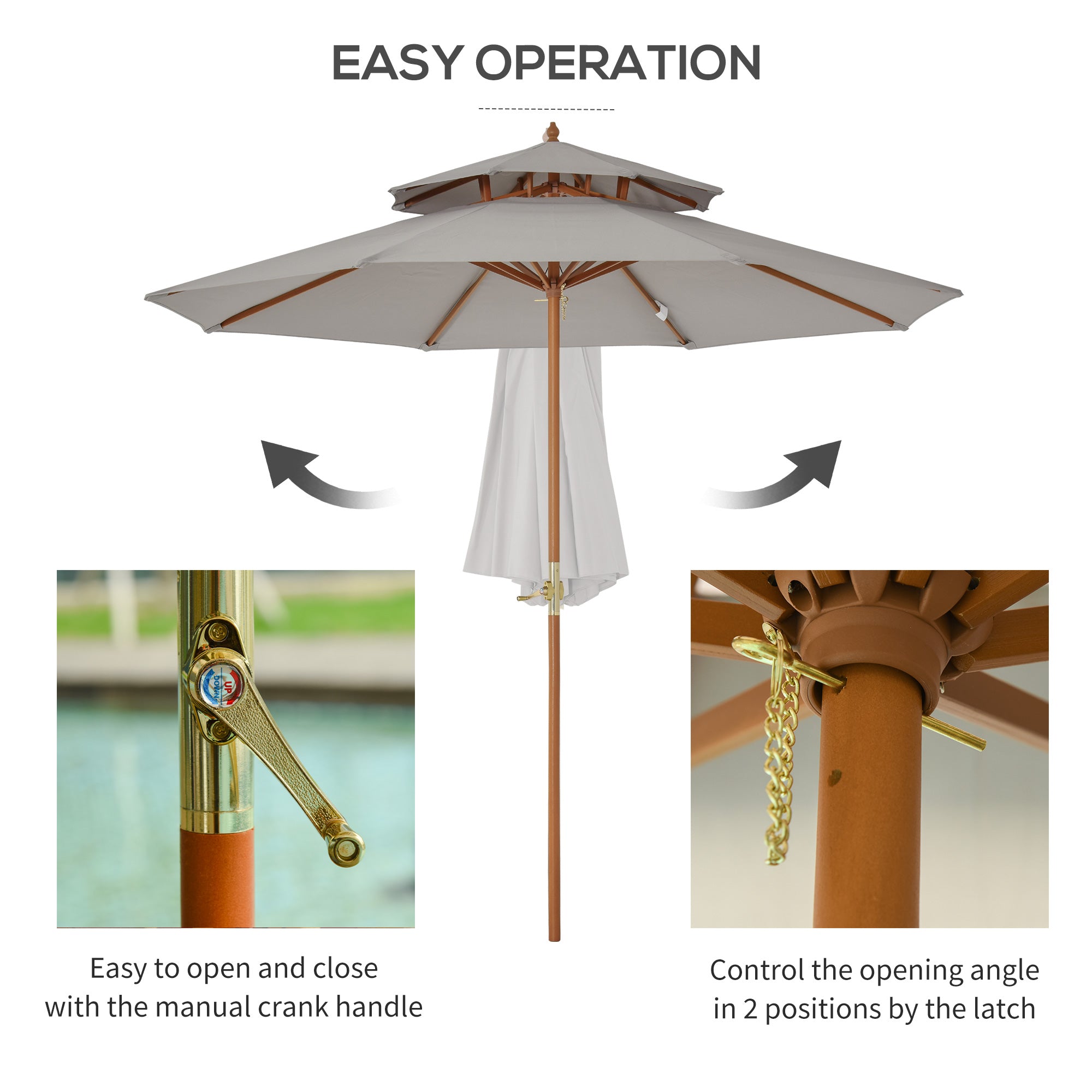 Outsunny 2.7m Elegant Wooden Frame Parasol Umbrella - Grey - North Peak Garden Furniture