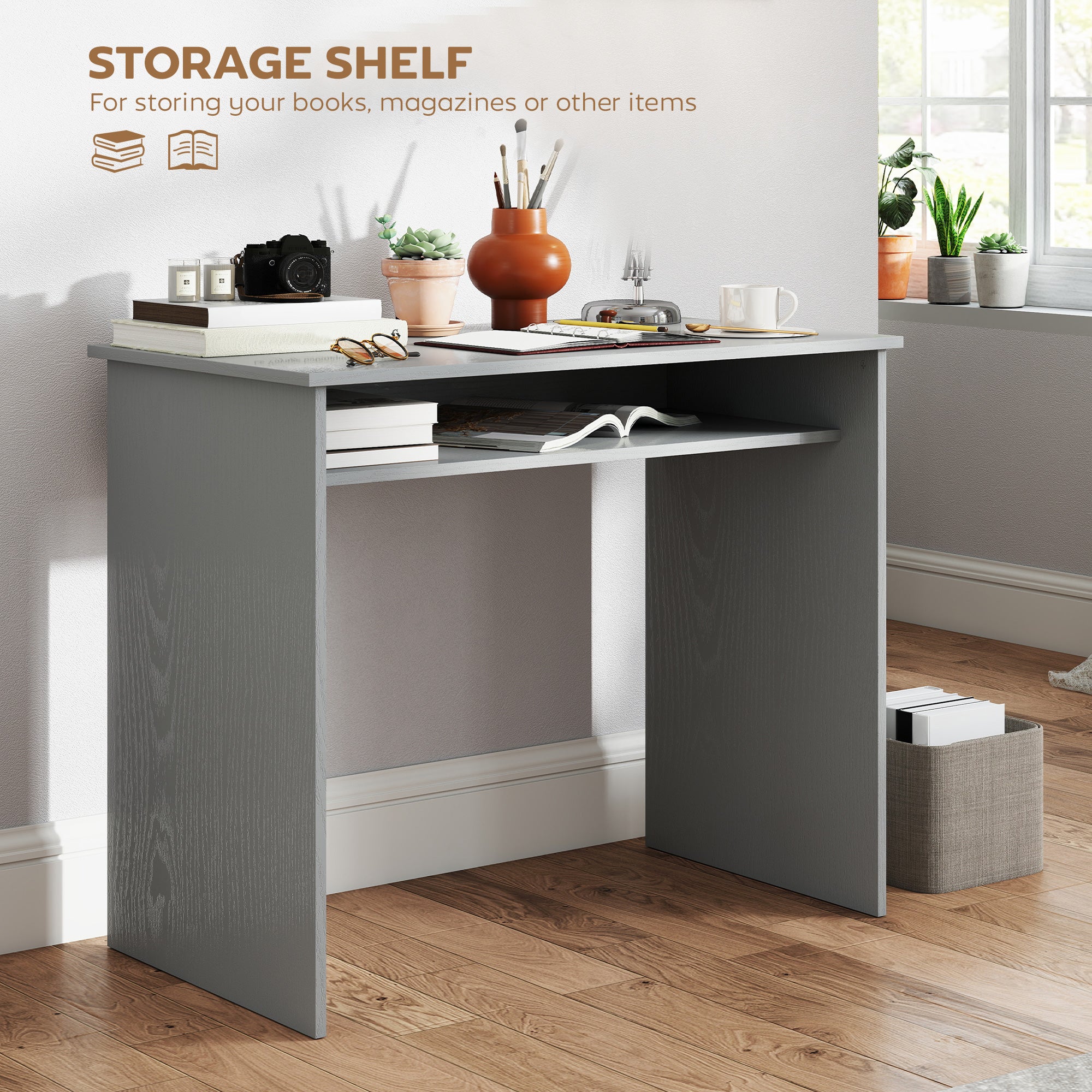 HOMCOM Modern Computer Desk, Home Office Table, Small Writing Desk with Storage Shelf, 90 x 50cm, Grey