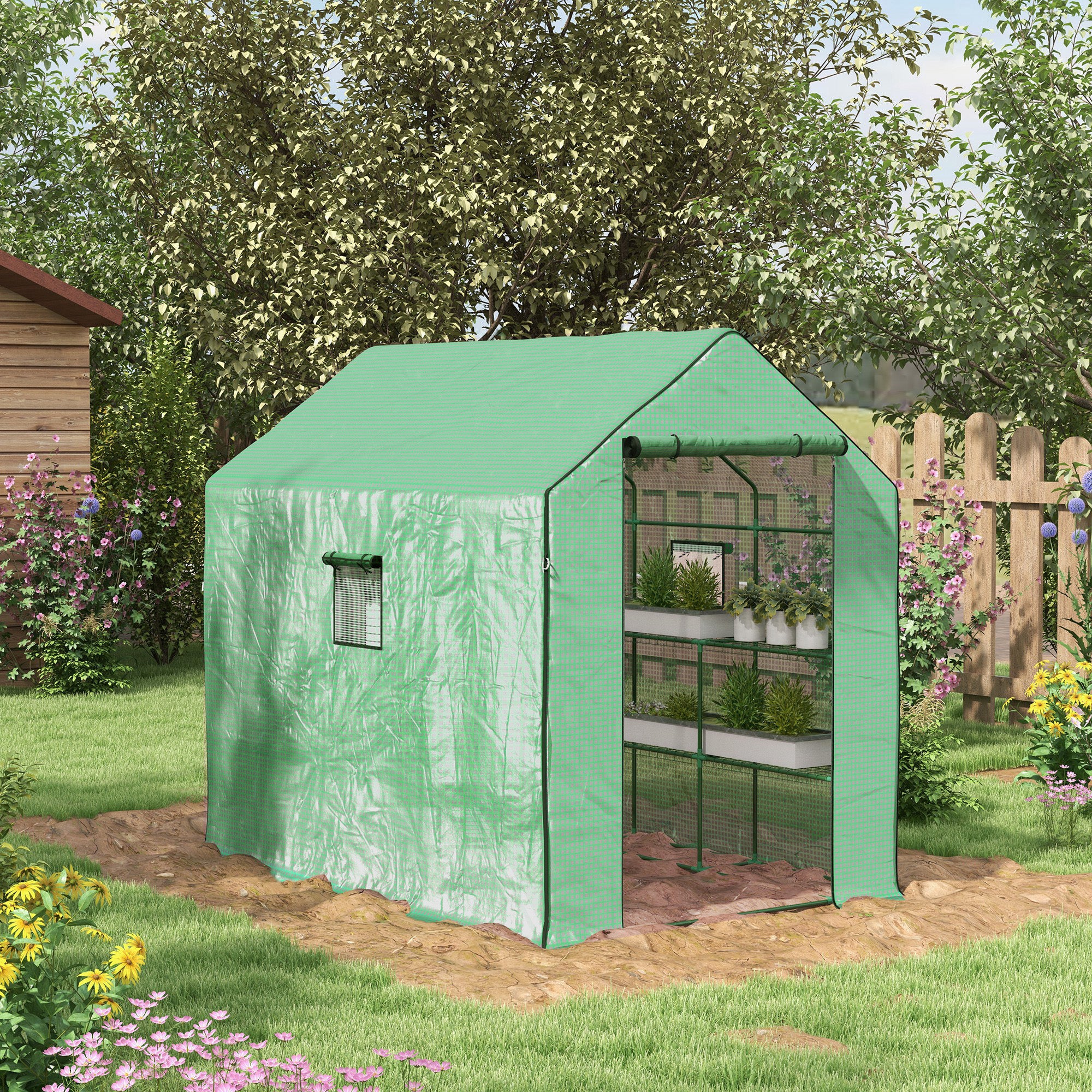 Outsunny Walk-in Greenhouse with 3 Tier Shelves, Outdoor Green House Garden Grow House with Reinforced PE Cover, Roll-up Door and Mesh Windows, 140 x 213 x 190cm, Green