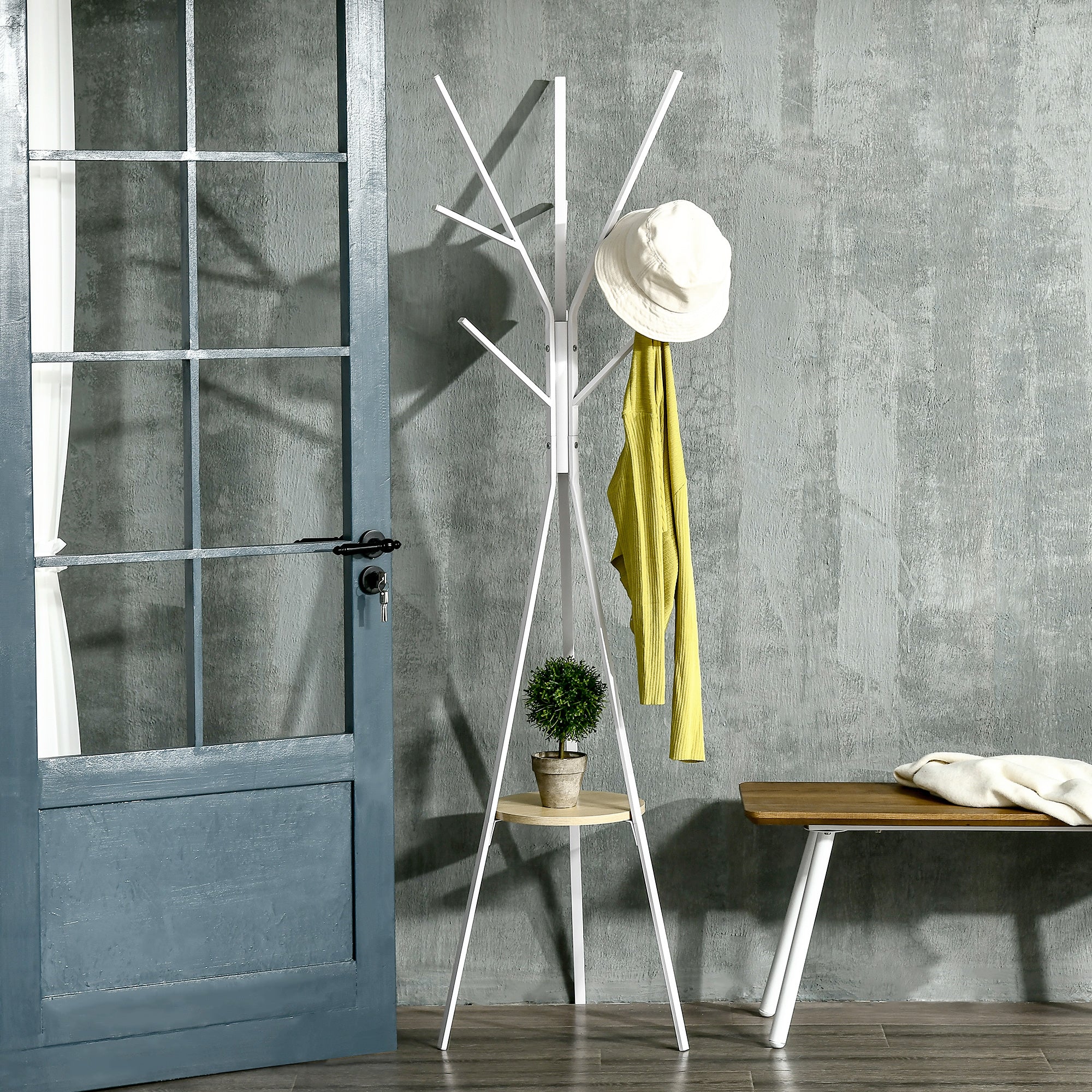 HOMCOM Freestanding Metal Coat Rack Stand 9 Hooks Clothes Tree with 1 Shelf Hat Display Hall Tree Hanger Bag Umbrella Hanging Organiser White - North Peak Garden Furniture