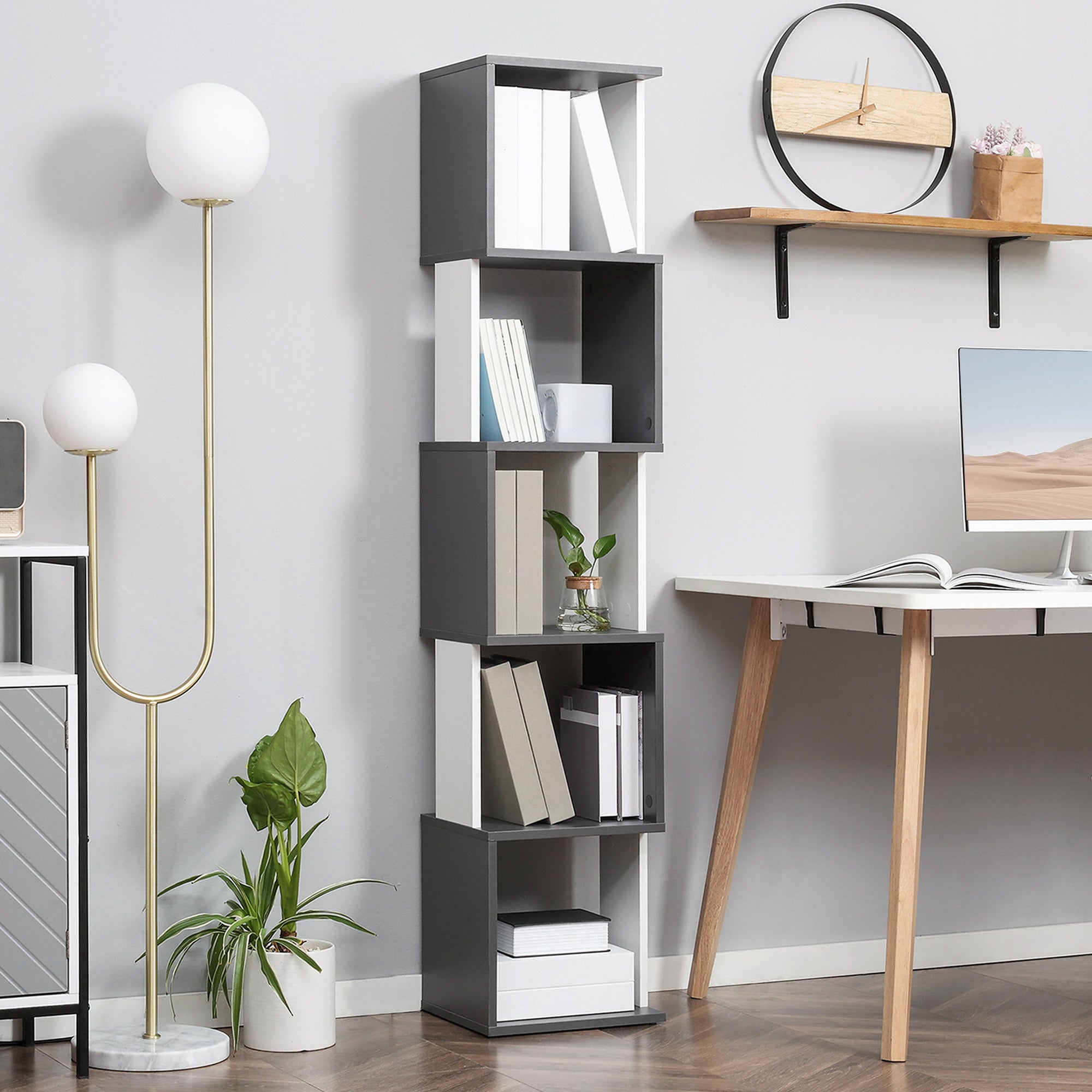 HOMCOM Modern 5-Tier Bookshelf, Freestanding Bookcase Storage Shelving for Living Room Home Office Study, White and Dark Grey - North Peak Garden Furniture