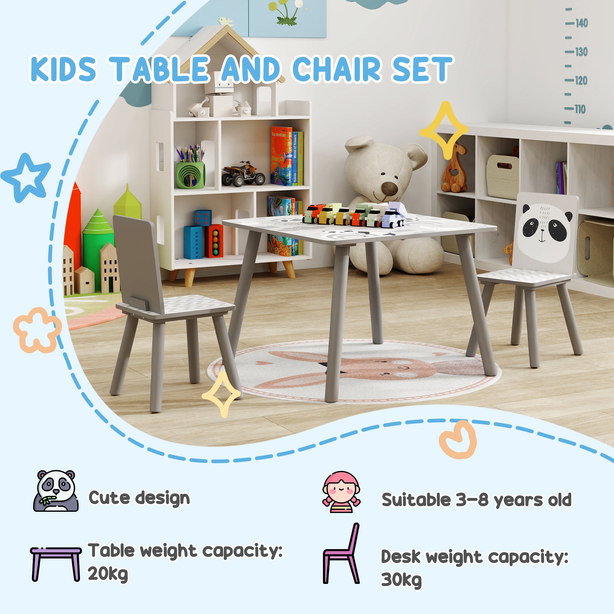 ZONEKIZ Kids Table and Chair Set, Toddler Table with 2 Chairs, Toddler Furniture Set, for Ages 3-8 Years - Grey - North Peak Garden Furniture
