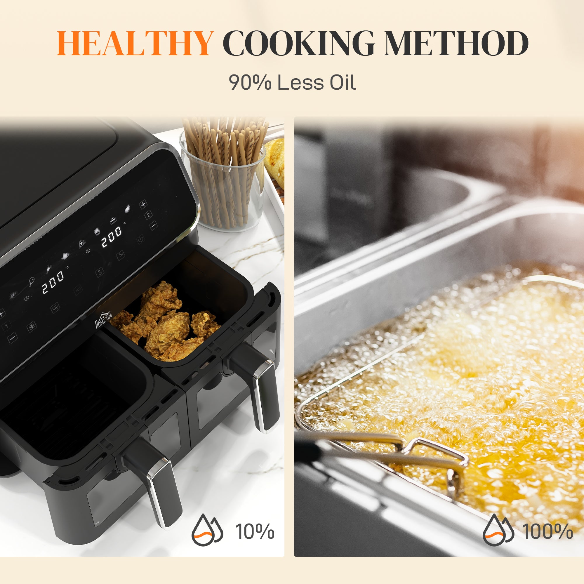 HOMCOM 8L Dual Basket Air Fryer, 80-200℃, with Sync Function - Black/Silver - North Peak Garden Furniture