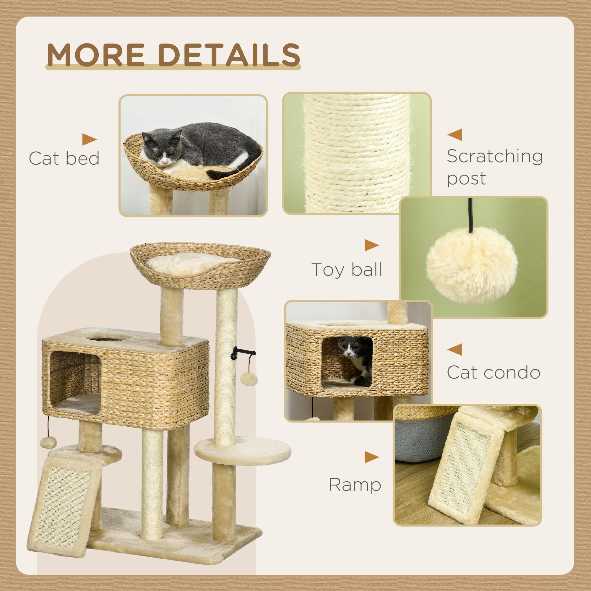 PawHut 95cm Cat Tree Tower for Indoor Cats, with Scratching Post, Cat House, Toy Ball, Platform - Beige - North Peak Garden Furniture