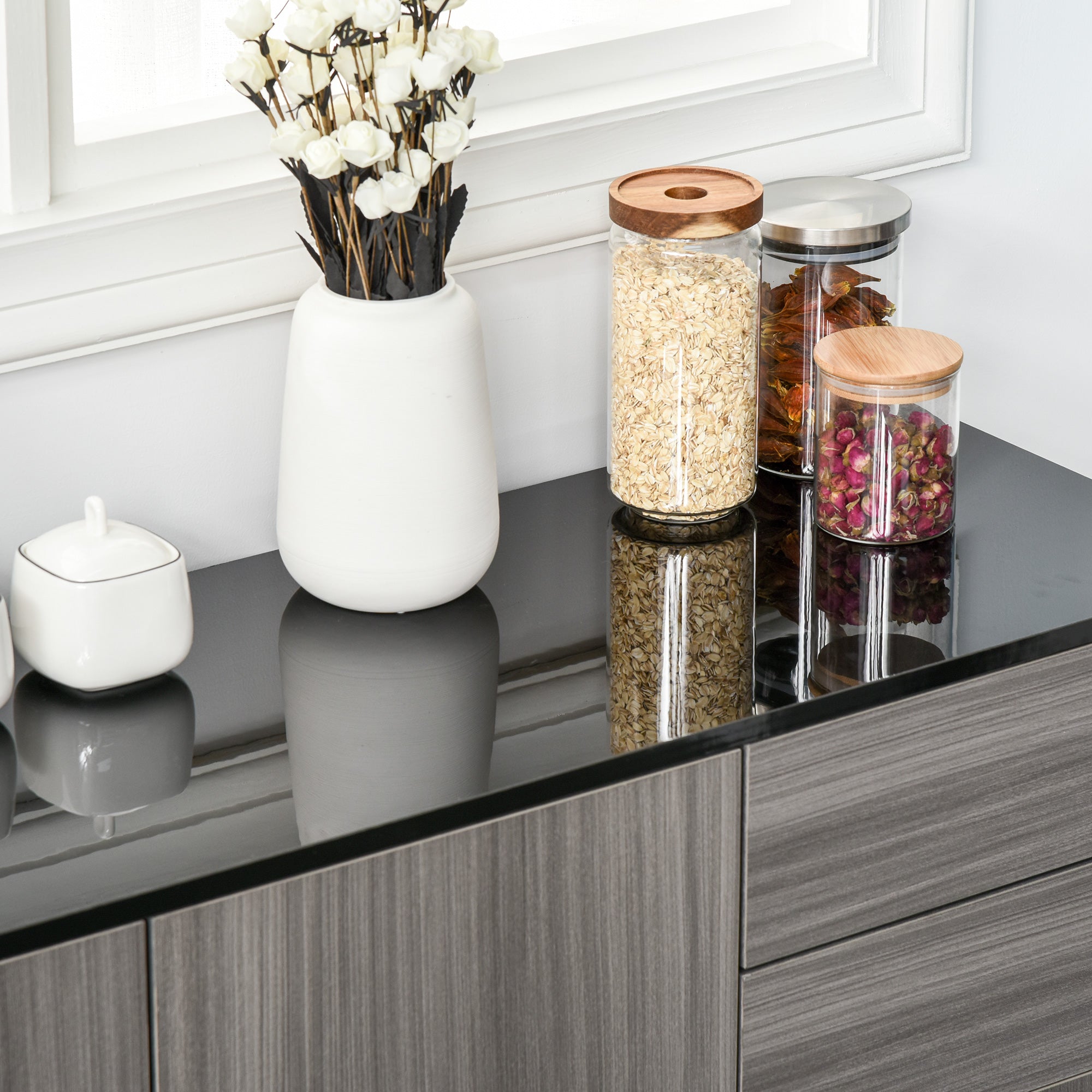 HOMCOM High Gloss Frame Sideboard, Side Cabinet, Push-Open Design with 2 Drawer for Living Room, Bedroom, Light Grey and Black - North Peak Garden Furniture
