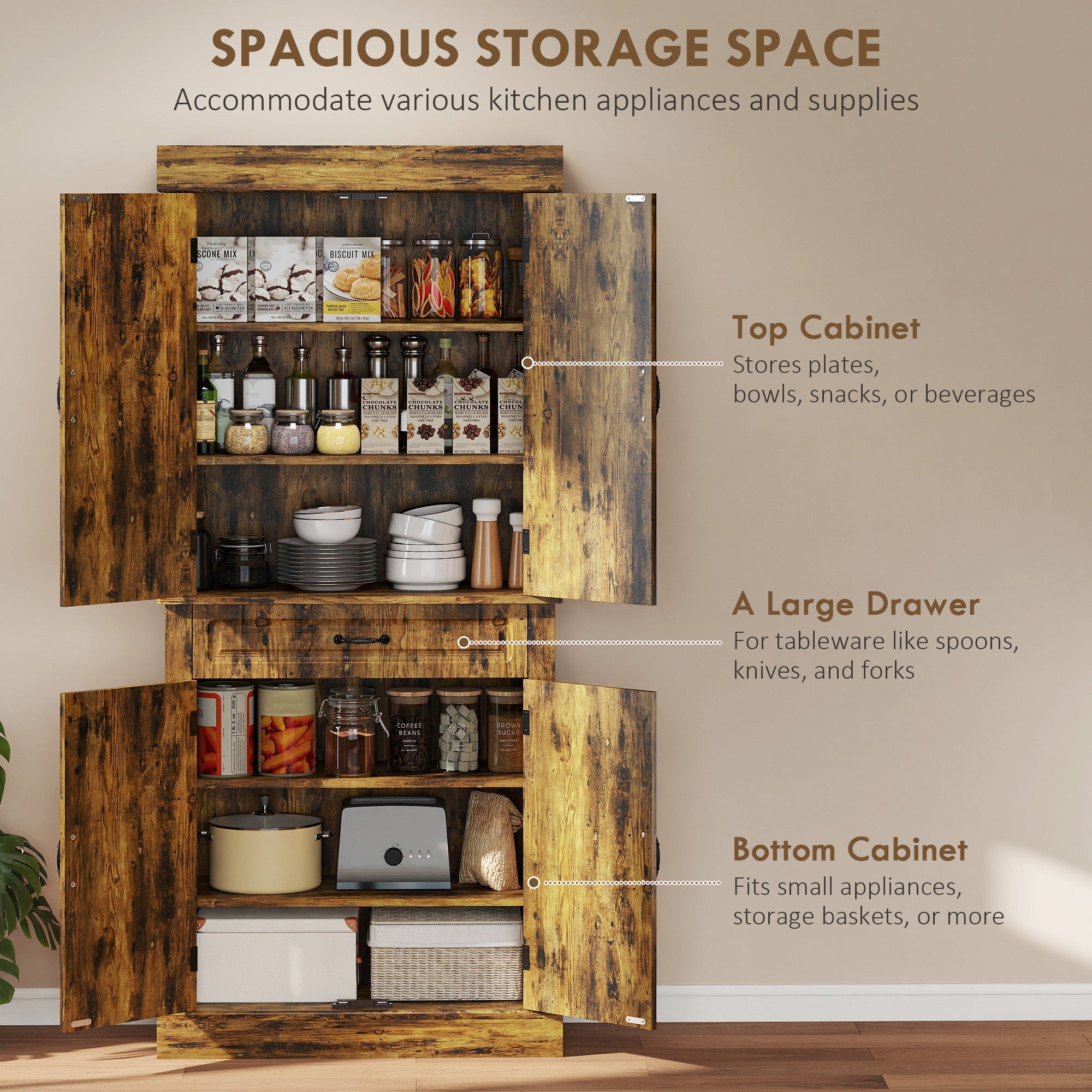 HOMCOM Tall Kitchen Cupboard, Kitchen Pantry Cabinet with Drawer, Shelves, Brown