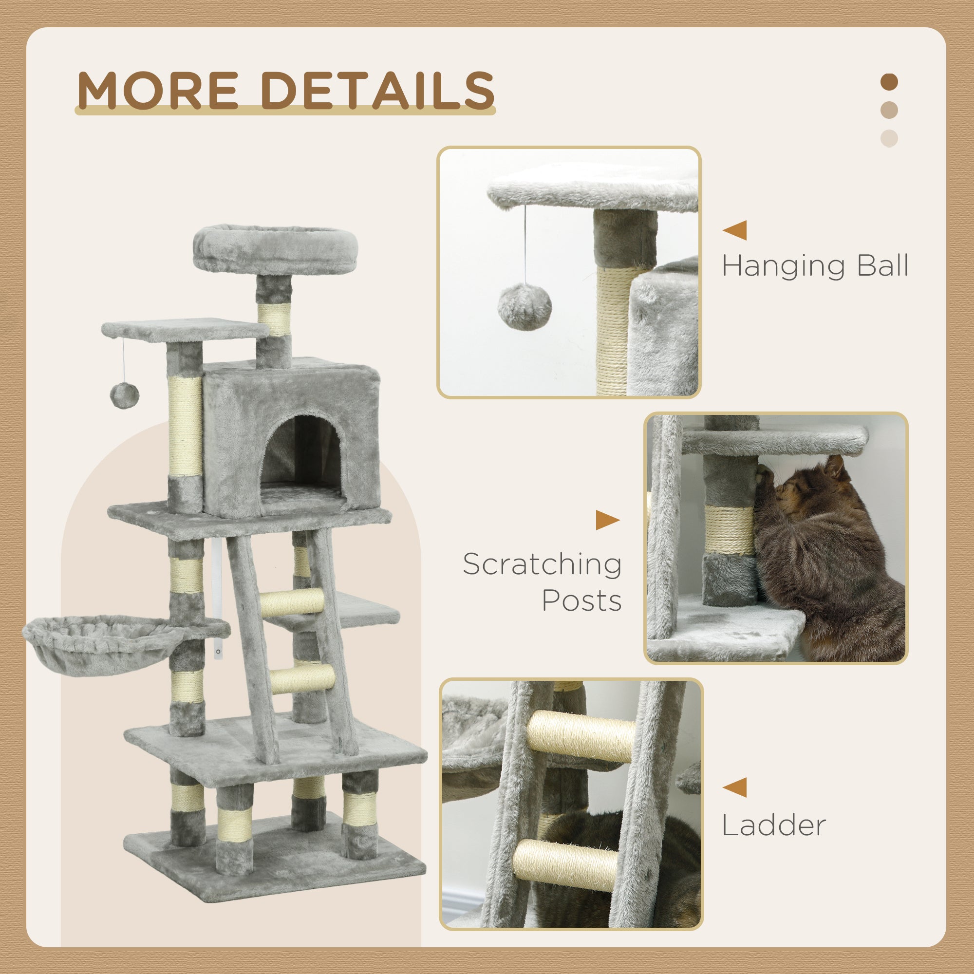 PawHut 132cm Cat Tree with Scratching Post, House, Hammock, Toy Balls - Grey - North Peak Garden Furniture
