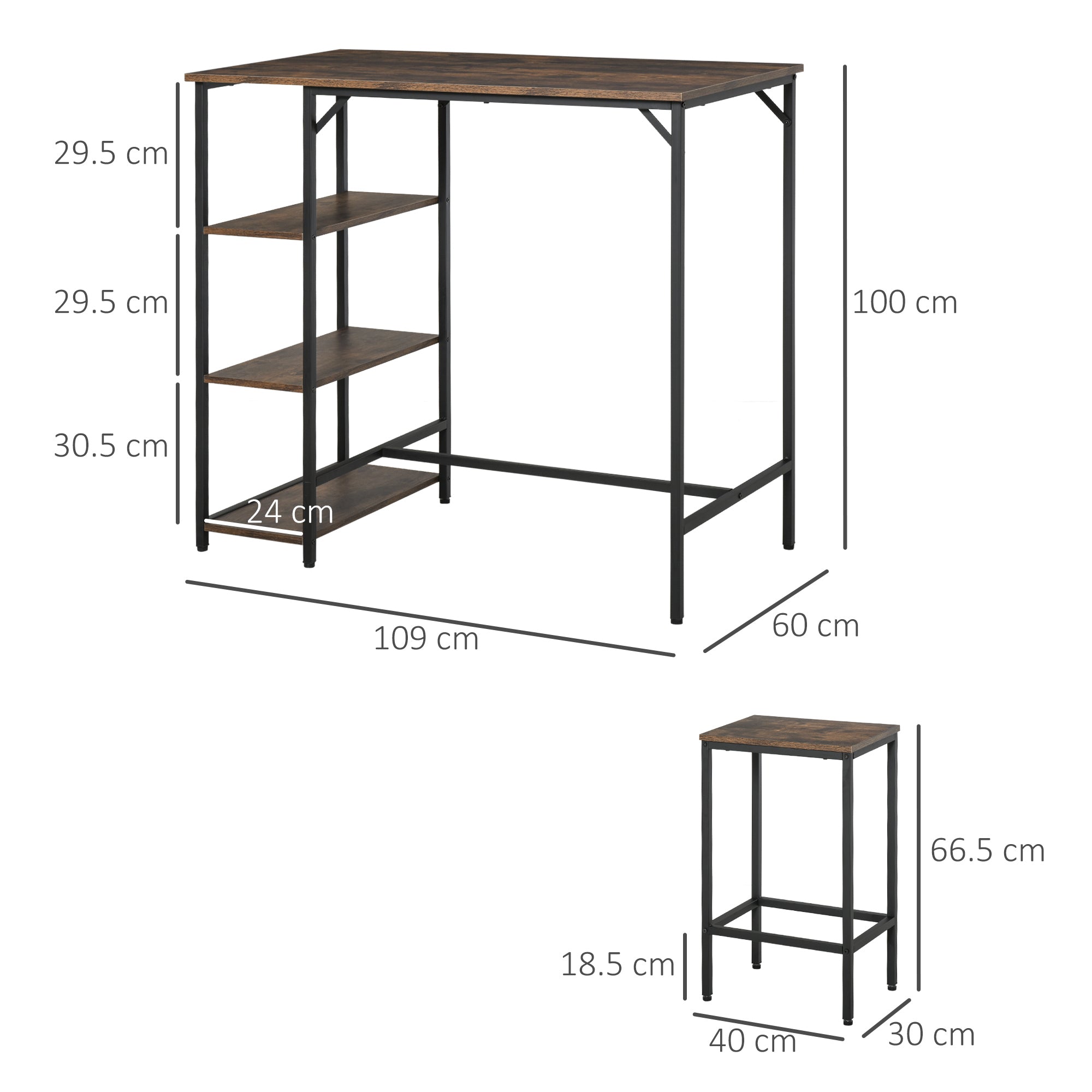 HOMCOM Industrial Bar Height Dining Table Set With 2 Stools & Side Shelf, 3 Pieces Coffee Table for Dining Room, Kitchen, Dinette - North Peak Garden Furniture