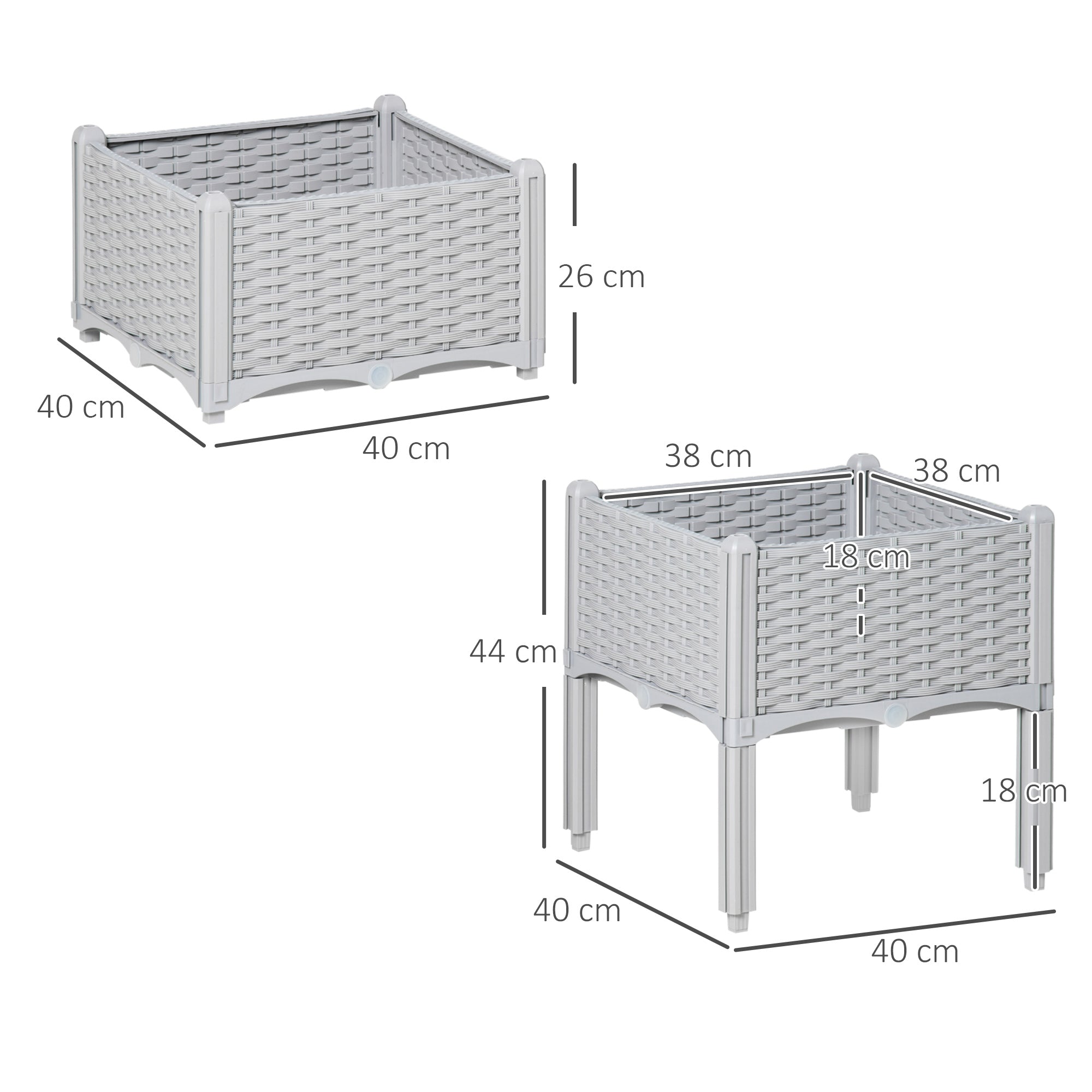 Outsunny 40cm x 40cm x 44cm Set of 2 26L Garden Raised Bed Elevated Patio Flower Plant Planter Box PP Vegetables Planting Container, Grey