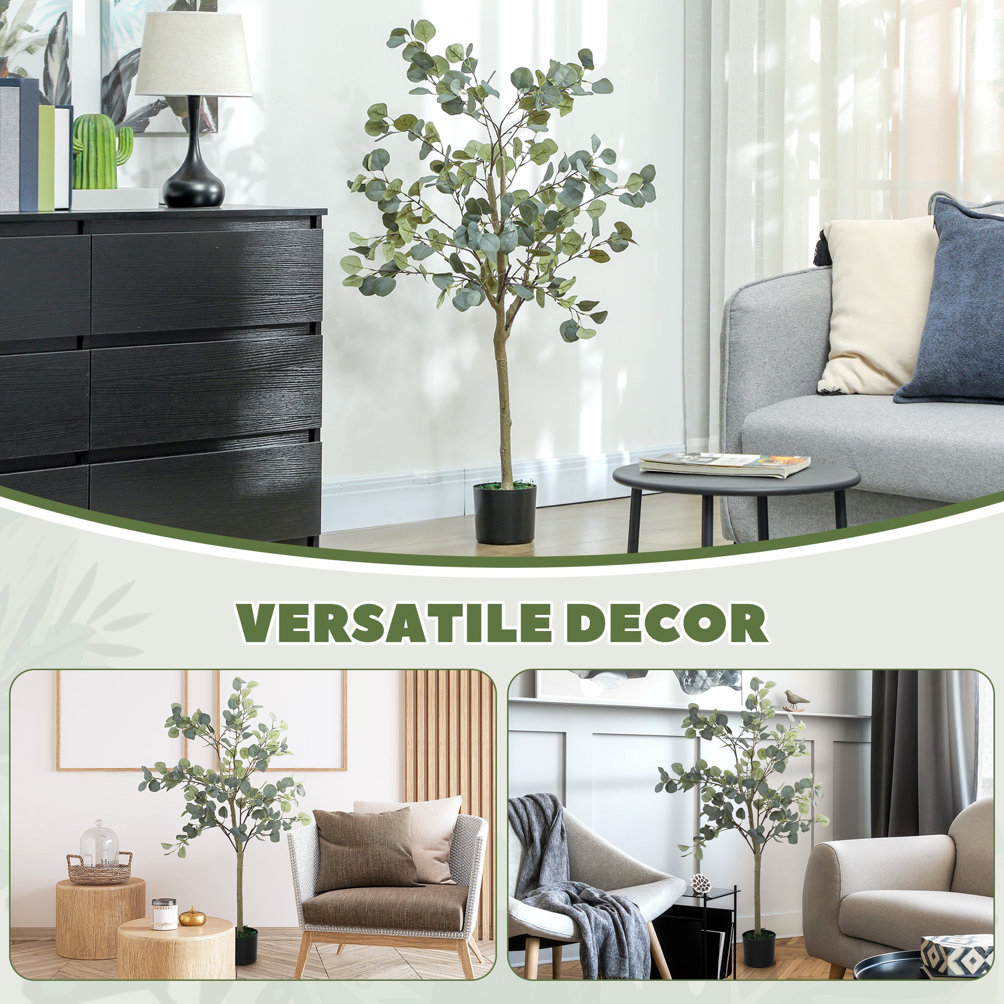 HOMCOM Decorative Artificial Plant, 5ft/ 150cm Silk Eucalyptus Tree with 230 Silver Dollar Leaves in Pot, Fake Plant for Home, Office, Living Room, Indoor Decor - North Peak Garden Furniture