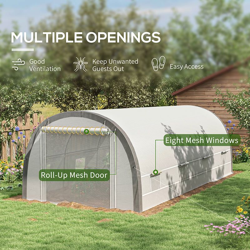 Outsunny 6 x 3(m) Polytunnel Greenhouse with Upgraded Structure, Mesh Door and Windows, 15 Plant Labels, White - North Peak Garden Furniture