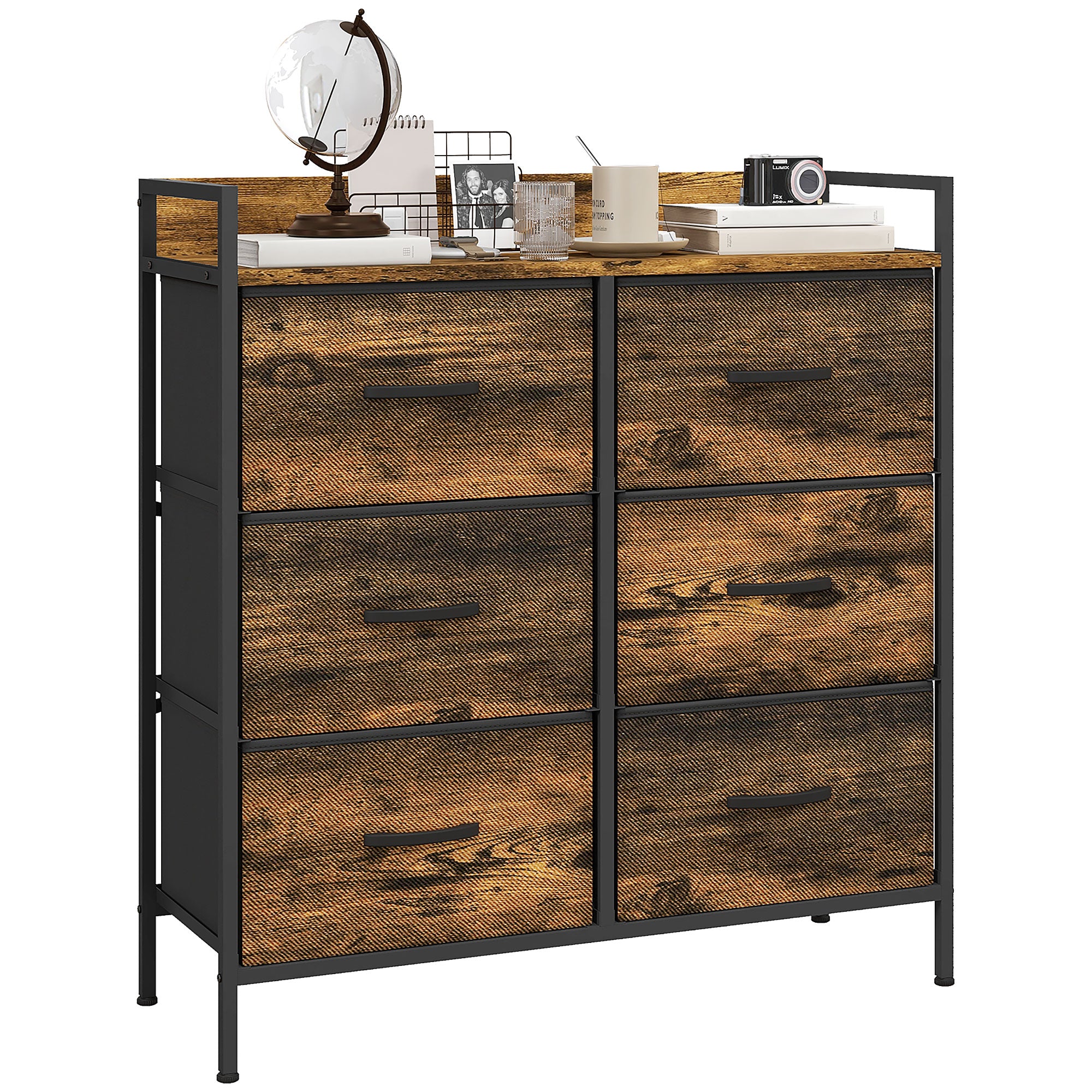 HOMCOM Rustic Chest of Six Fabric Drawers - Rustic Brown - North Peak Garden Furniture