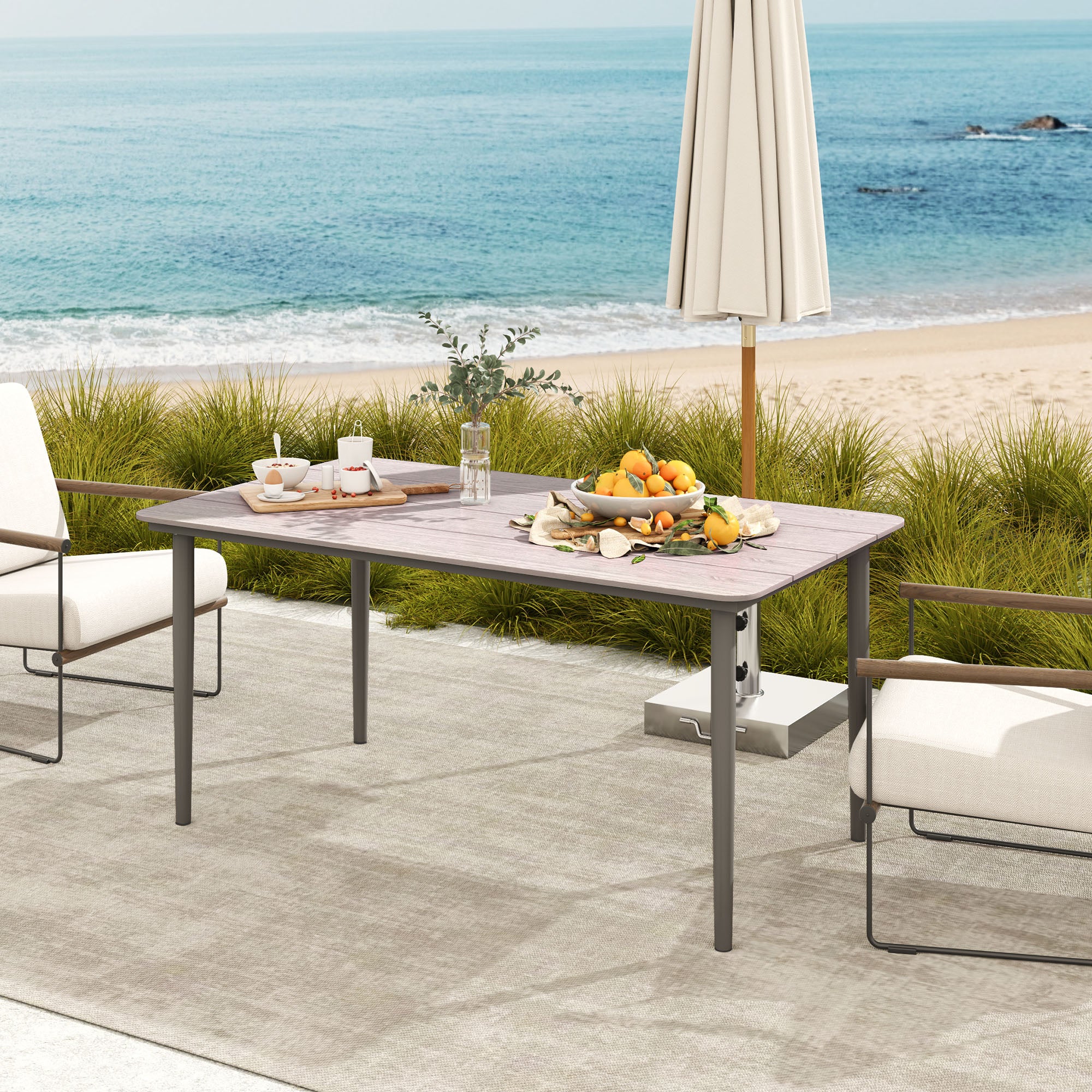 Outsunny Garden Table, Outdoor Dining Table for 6 People, 160 x 90 x 74 cm, with Rust Resistant Metal Frame, WPC Top, for Balcony, Terrace, Light Grey - North Peak Garden Furniture