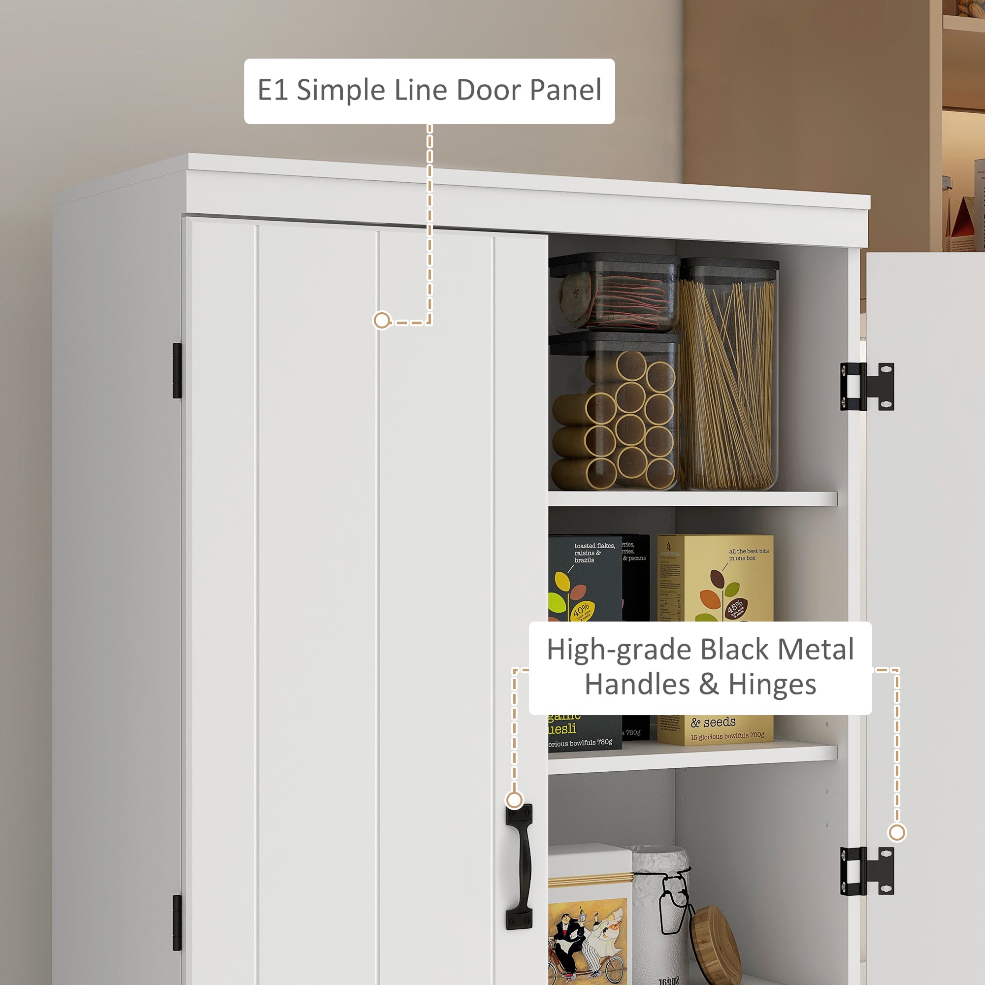 HOMCOM 4-Door Tall Kitchen Cupboard, Freestanding 6-Tier Storage Cabinet with 2 Adjustable Shelves for Living Room, Dining Room, White