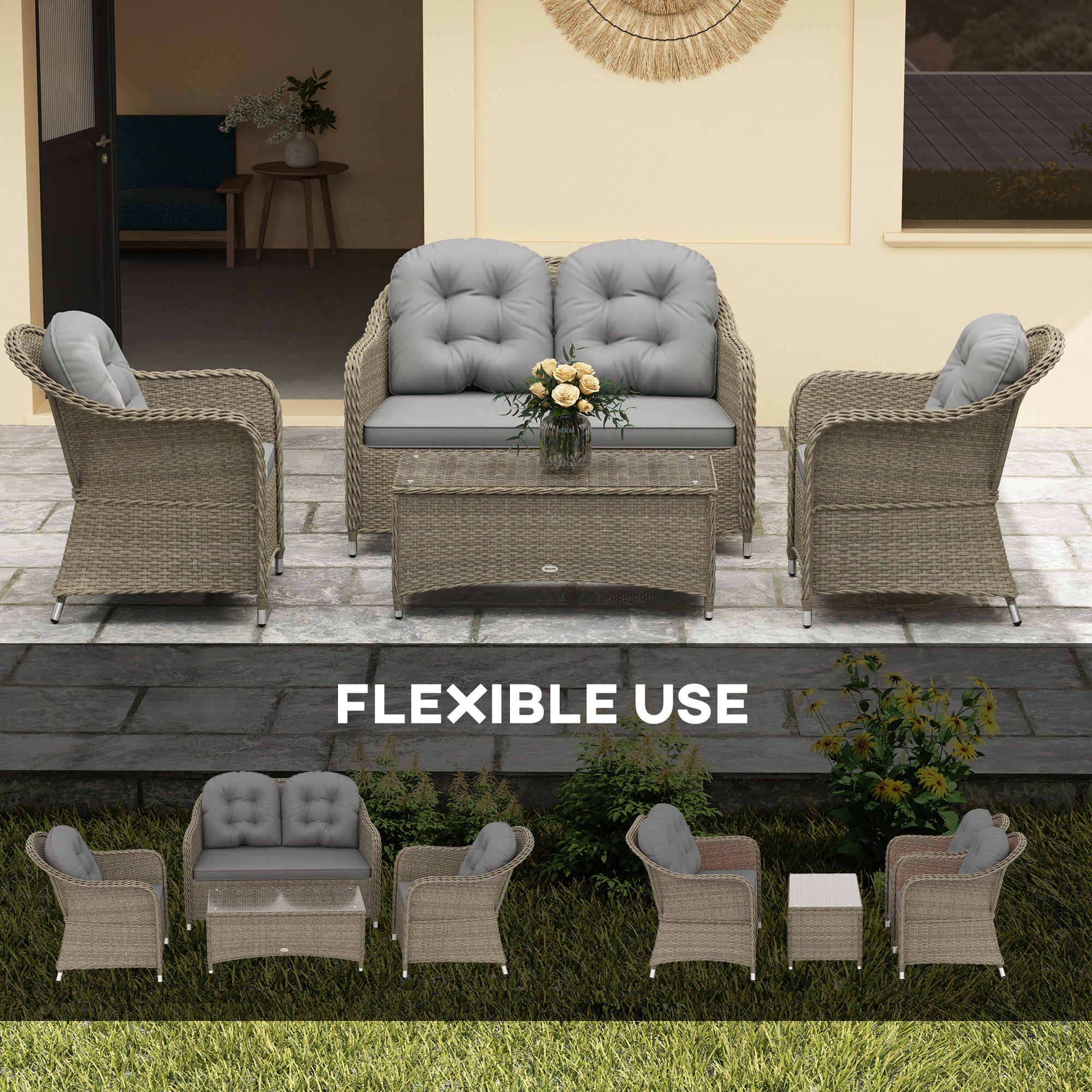 Outsunny Four-Piece Rattan Sofa Set, with Glass-Top Table - Light Grey