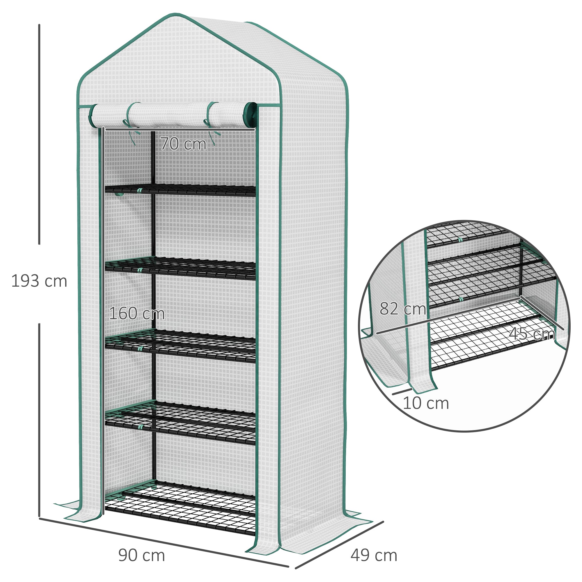 Outsunny 5 Tier Widened Mini Greenhouse with Reinforced PE Cover, Portable Indoor Outdoor Green House with Roll-up Door and Wire Shelves, 193H x 90W x 49Dcm, White - North Peak Garden Furniture