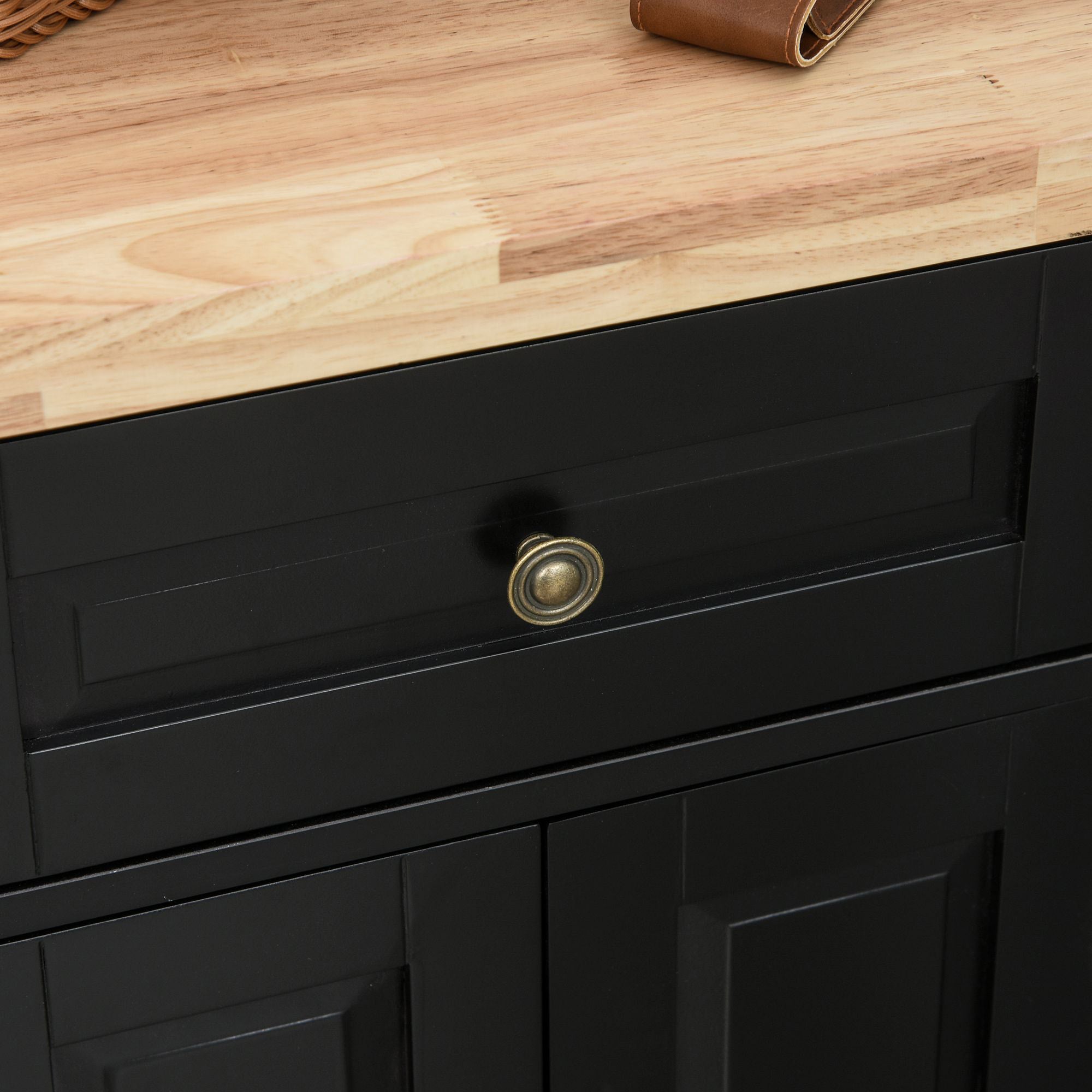 HOMCOM Rolling Kitchen Island Storage Trolley with Rubber Wood Top & Drawers for Dining Room, Black - North Peak Garden Furniture