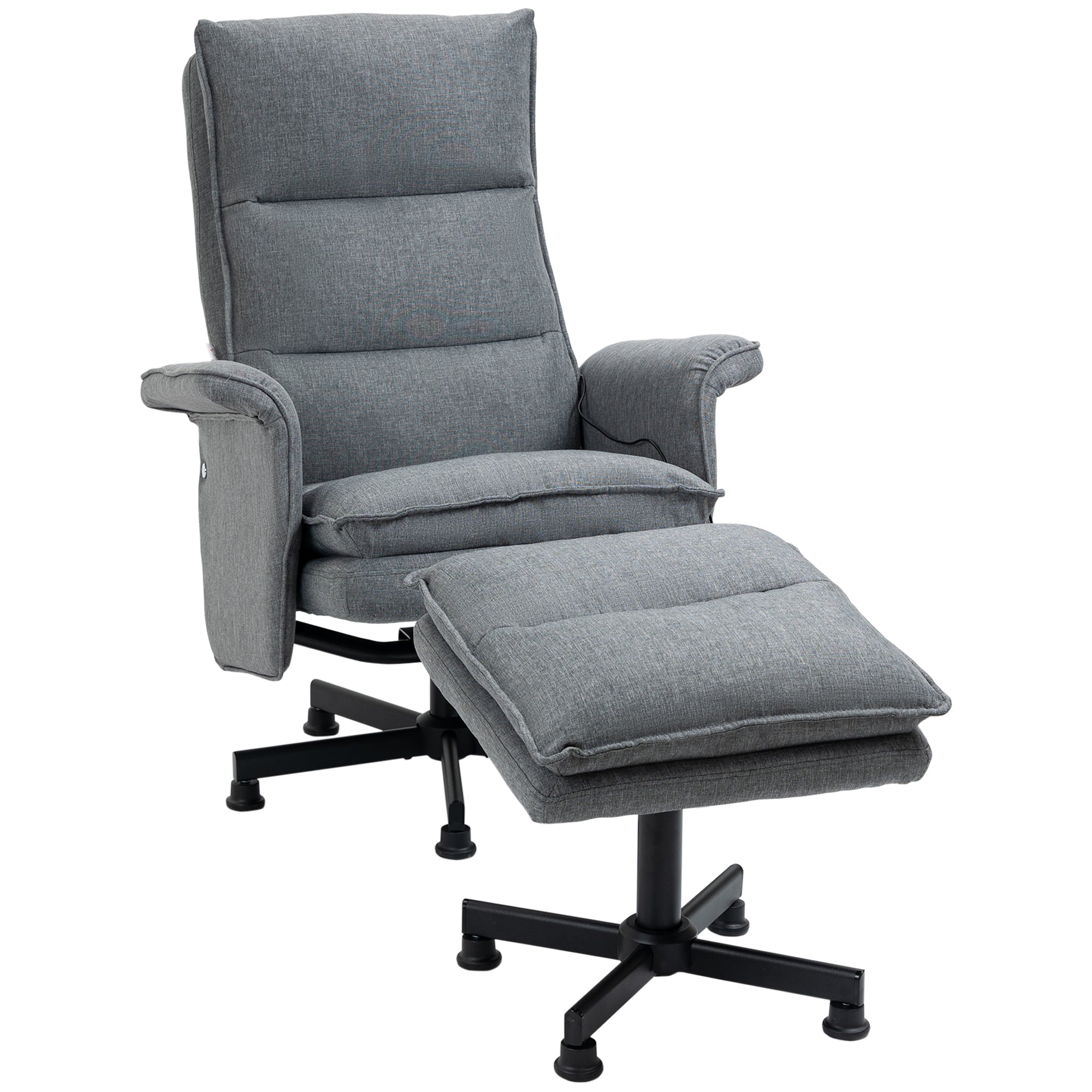 HOMCOM Swivel Recliner Chair and Footstool, Upholstered Massage Recliner Armchair with Remote Control, Timer and Steel Base, Grey - North Peak Garden Furniture