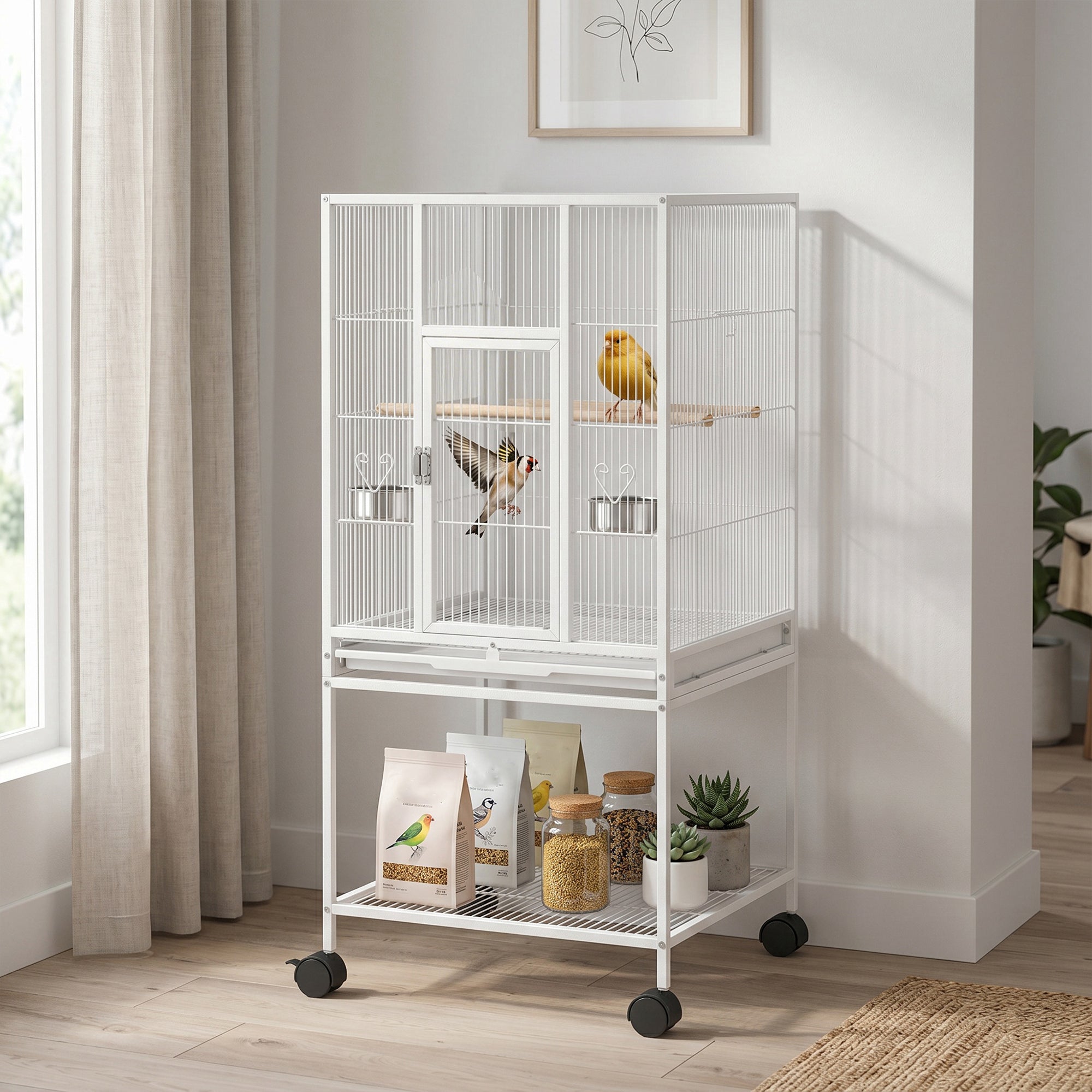 PawHut Bird Cage Detachable with Rolling Stand Parrot Cage with Storage Shelf White
