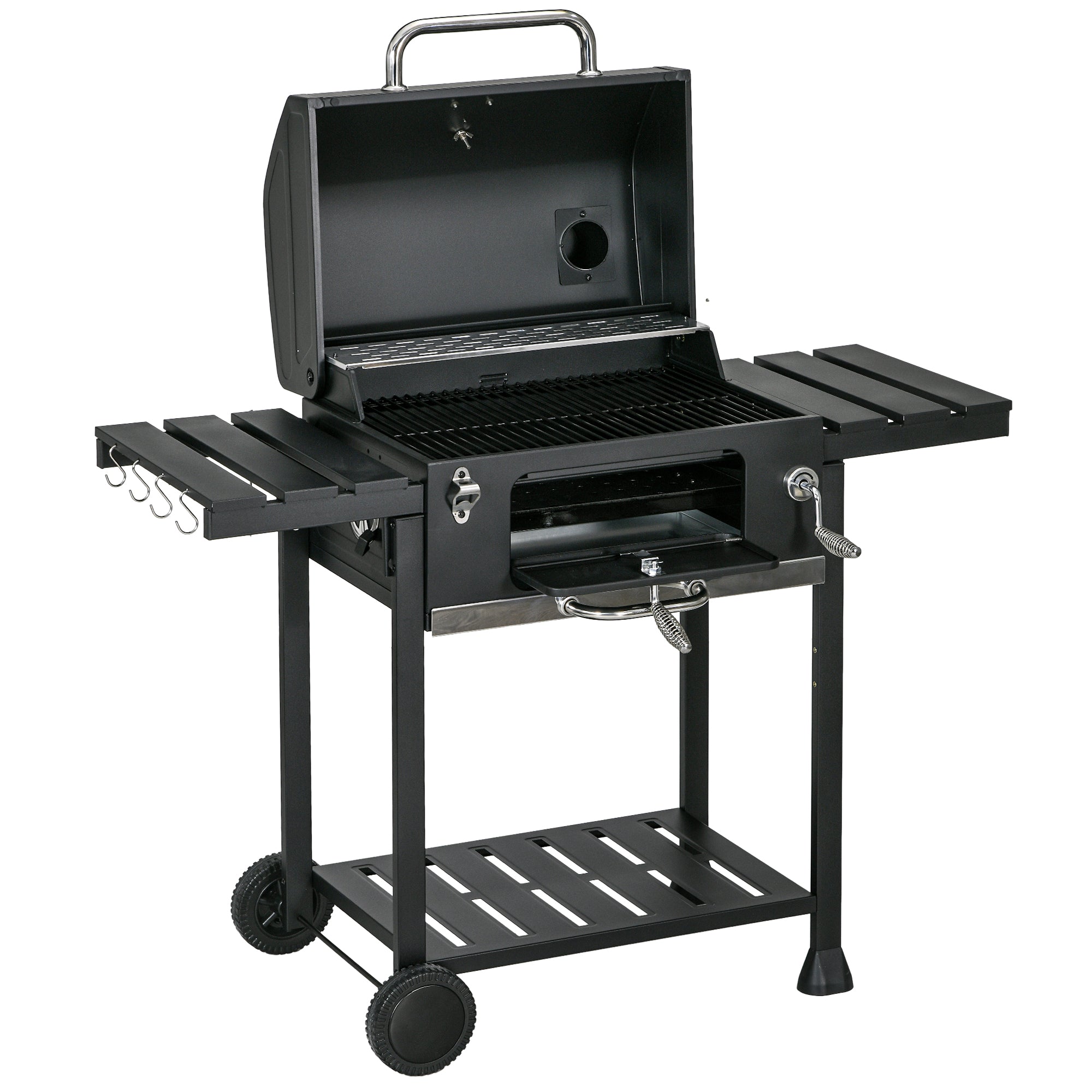 Outsunny Outddor Portable Charcoal BBQ Wide 120cm, with Pull-out Ash Catcher Side Hooks & Bottle Opener, Side & Bottom Shelves | Aosom UK