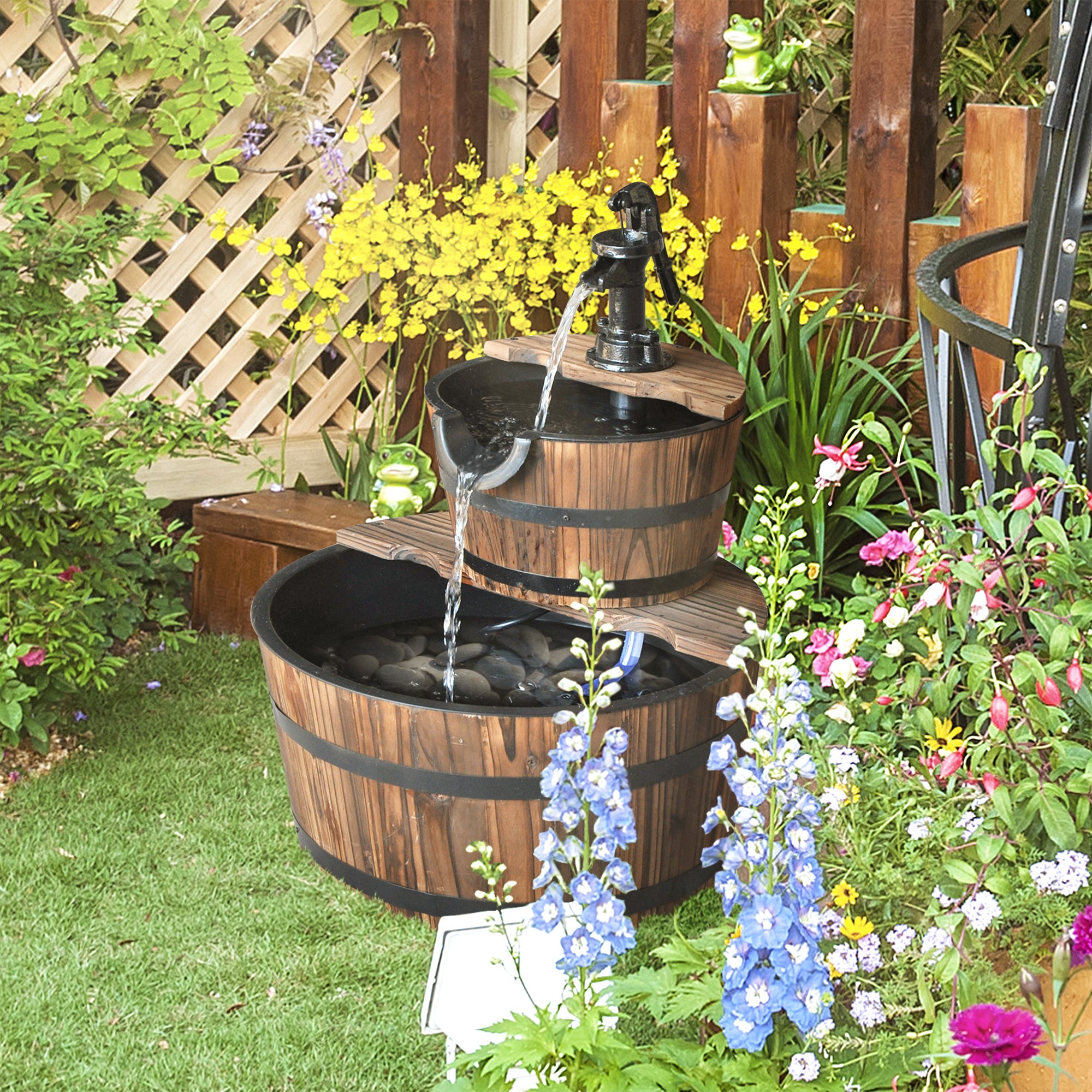 Outsunny Wooden Water Pump Fountain, 2 Tier-Fir Wood - North Peak Garden Furniture