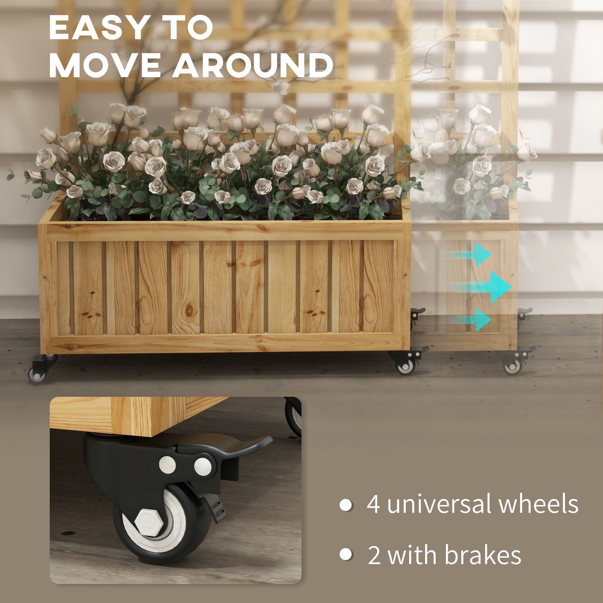 Outsunny Wooden Trellis Planter, Raised Garden Bed with Wheels and Bed Liner, to Climb and Grow Vegetables, Herbs and Flowers - North Peak Garden Furniture
