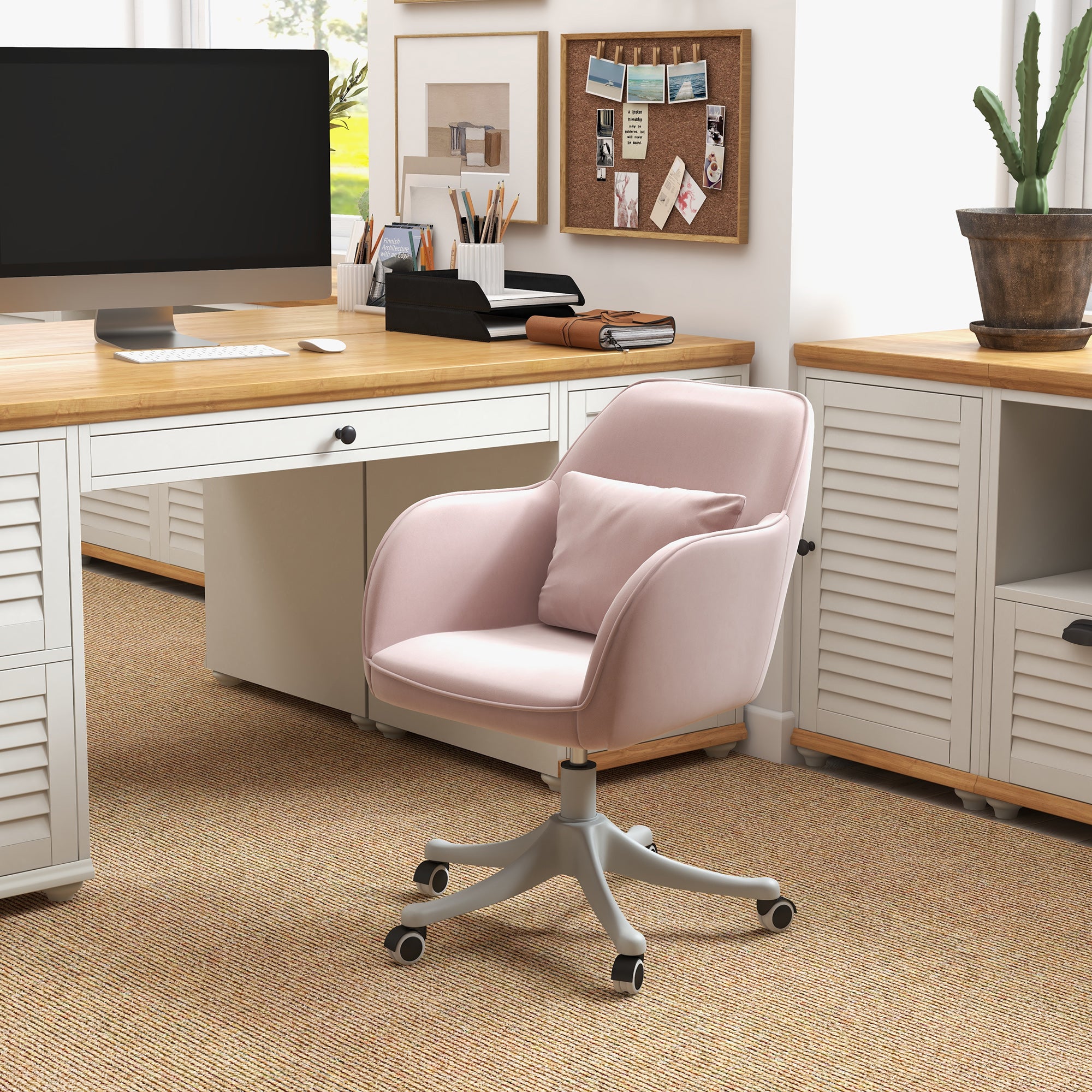 Vinsetto Velvet Office Chair, Desk Chair, Makeup Vanity Chair with Massage Lumbar Pillow and Rolling Wheels for Bedroom and Home, Pink - North Peak Garden Furniture