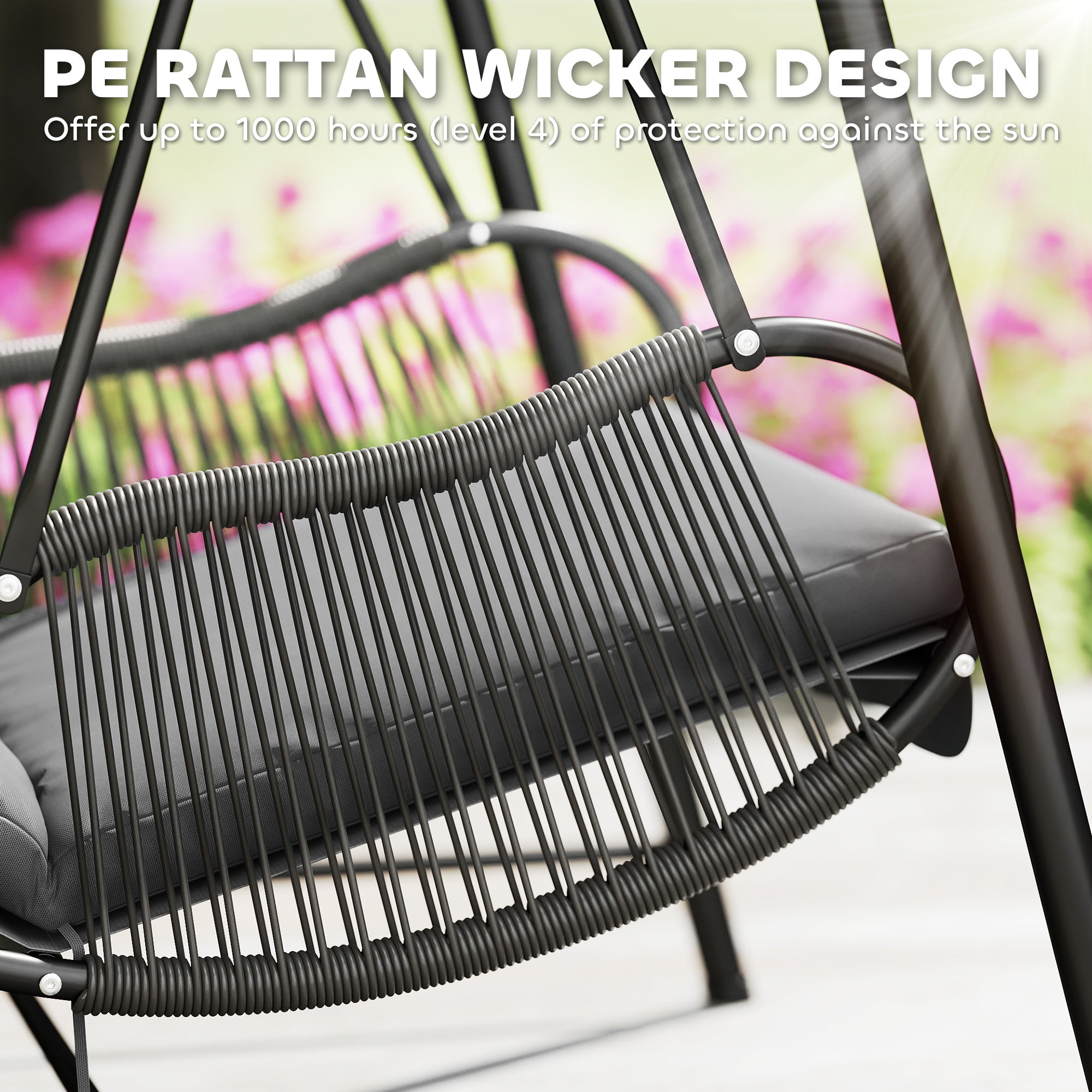 Outsunny Rattan Swing Chair, Outdoor Garden Hanging Swing Seat with Stand and Seat Cushion, Porch Hanging Chair for Balcony, Garden, Deck, Dark Grey - North Peak Garden Furniture
