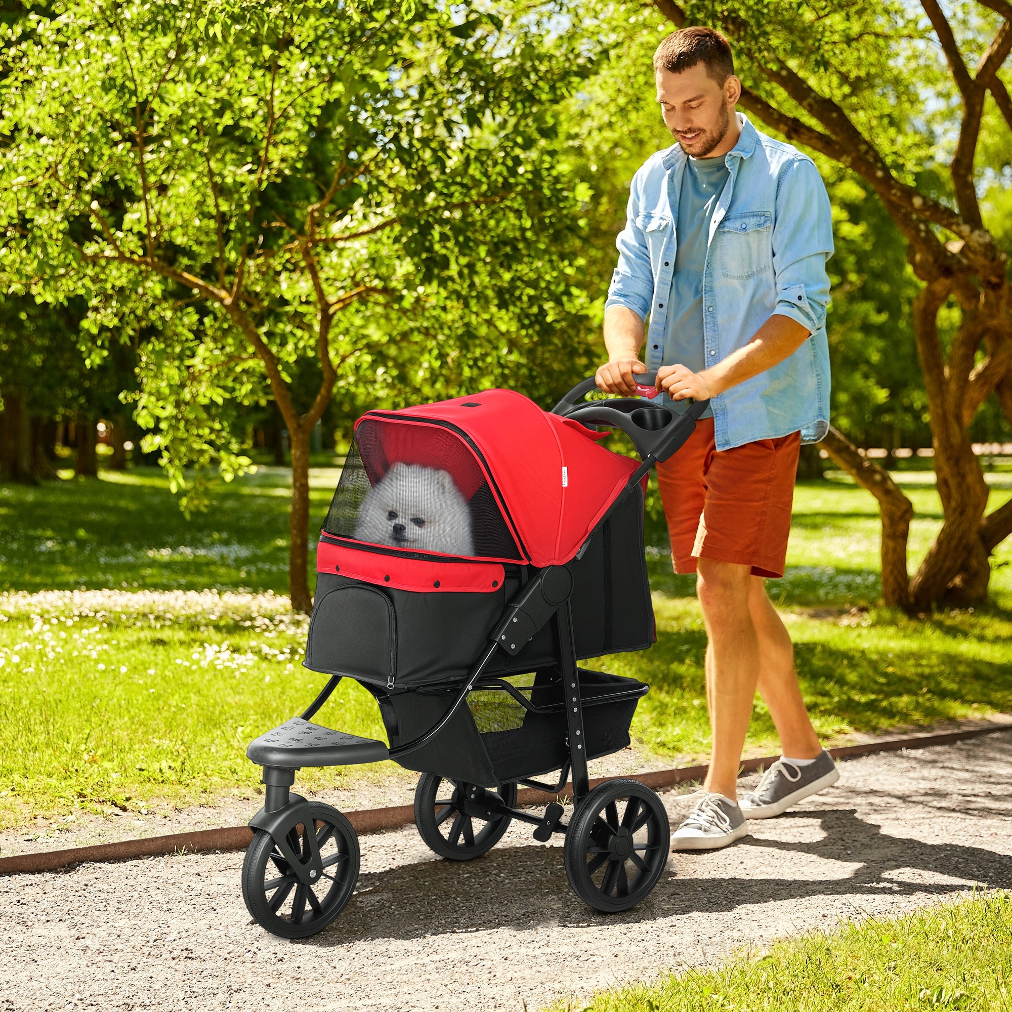 PawHut Dog Pram Dog Stroller Pet Stroller, 3 Wheels Dog Pushchair with Brake, for Small Miniature Dogs, Cats, Red