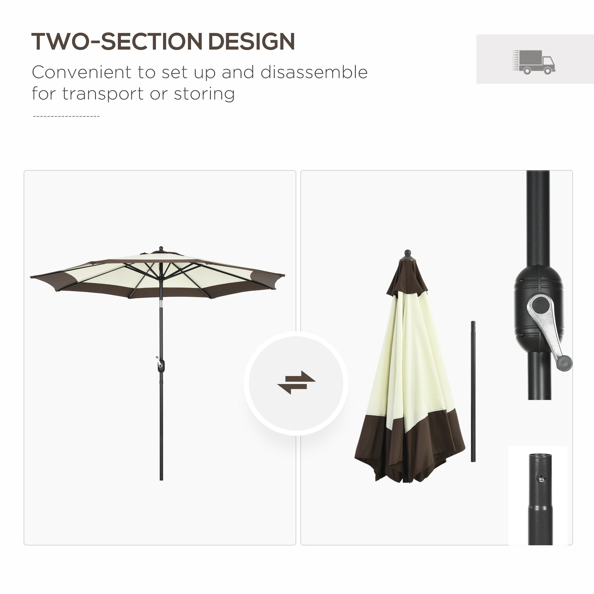 Outsunny 2.7m Garden Parasol Umbrella with 8 Metal Ribs, Tilt and Crank, Outdoor Sunshades for Garden, Patio, Beach, Yard, Coffee - North Peak Garden Furniture