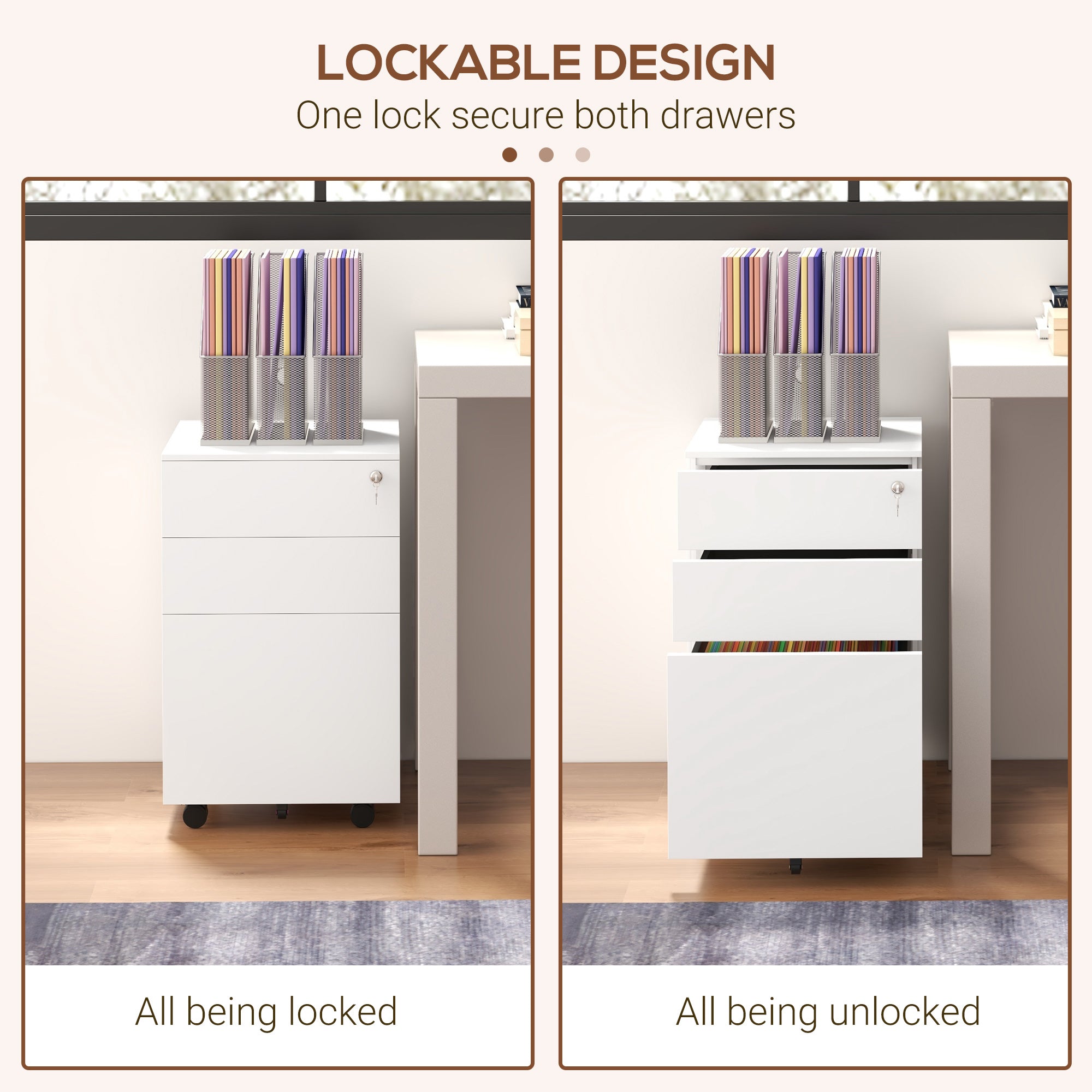 Vinsetto 3-Drawer Vertical Filing Cabinet with Pencil Tray, Lock and 5 Wheels, Steel Mobile File Cabinet, for A4, Legal and Letter Size, Pre-Assembled Body, White