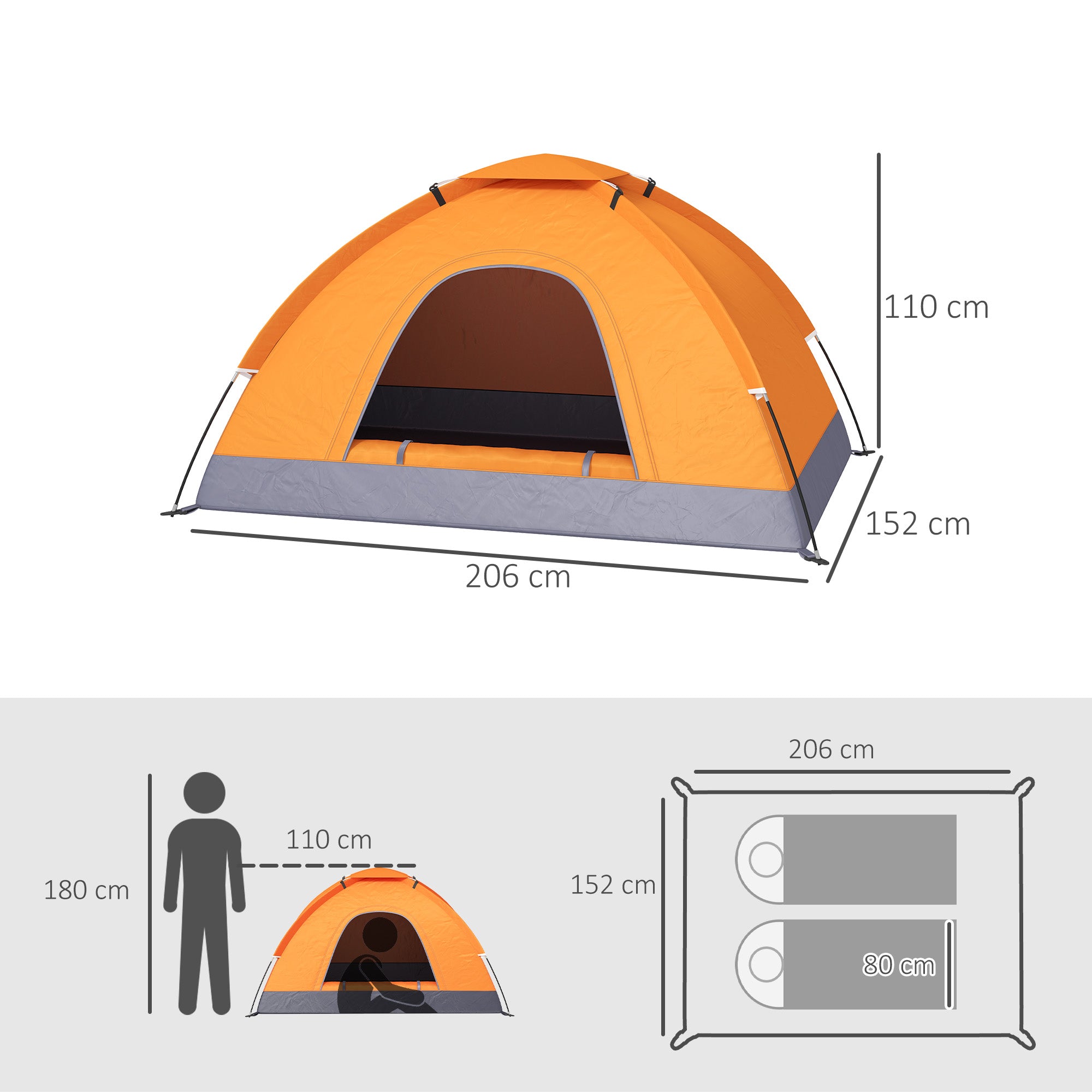 Outsunny 2 Person Camping Tent, Dome Tent with Zipped Doors, Storage Pocket, Portable Handy Bag, Orange - North Peak Garden Furniture